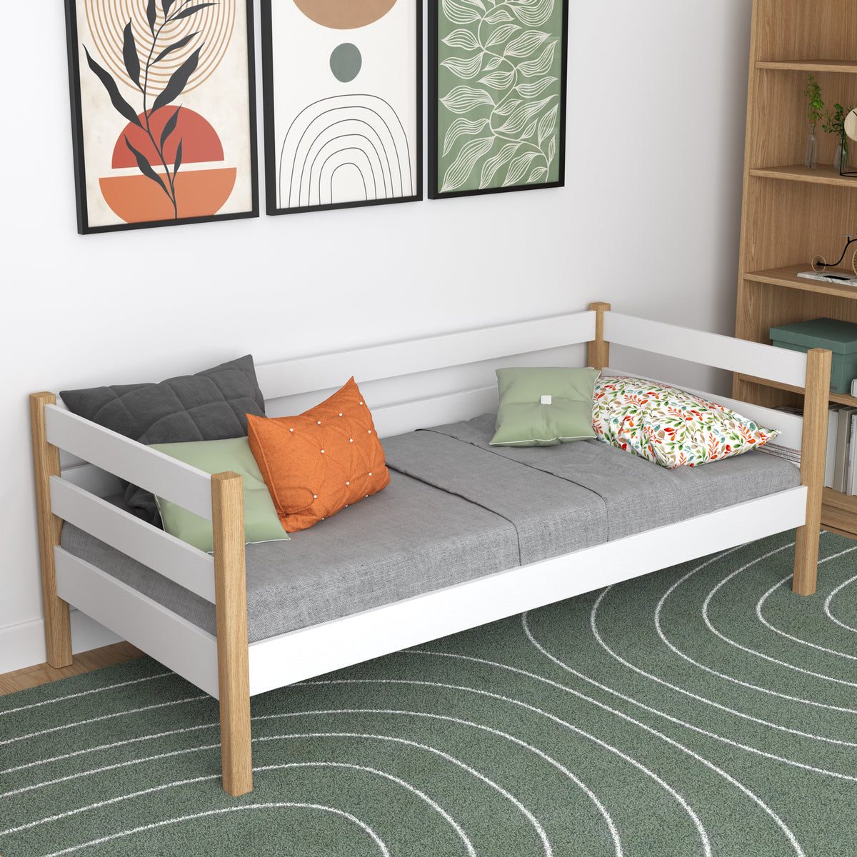 Baltos ir ąžuolinės medienos sofa-lova – vaizdas iš šono, baldų forma ir proporcijos