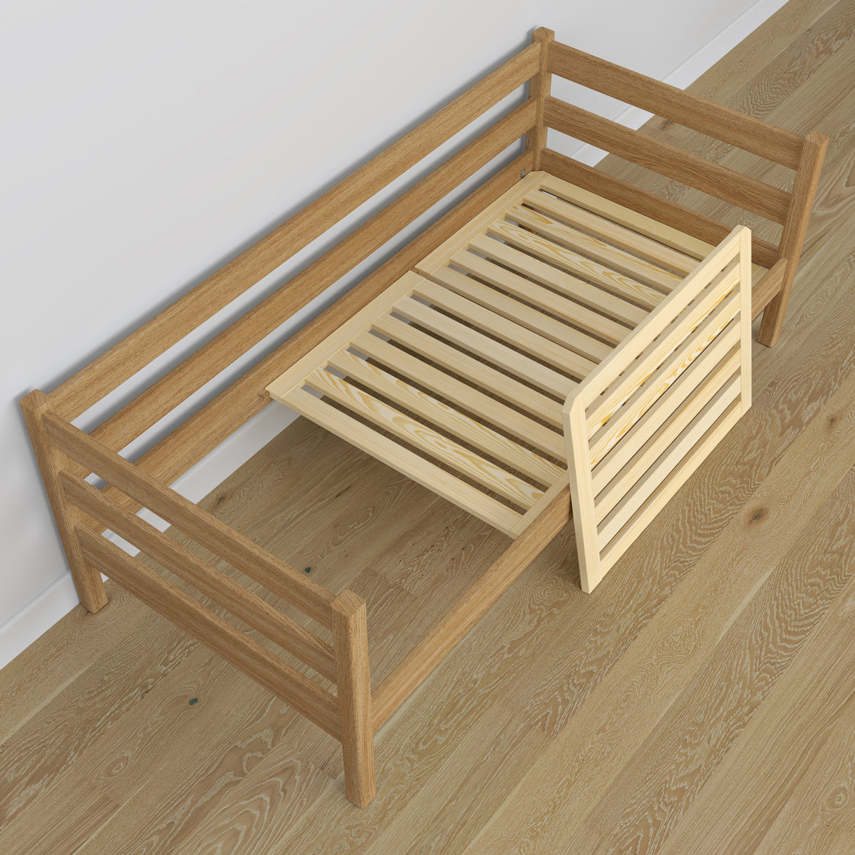 Łóżko sofa dębowe dąb naturalny – widok od wezgłowia, pokój dziecięcy