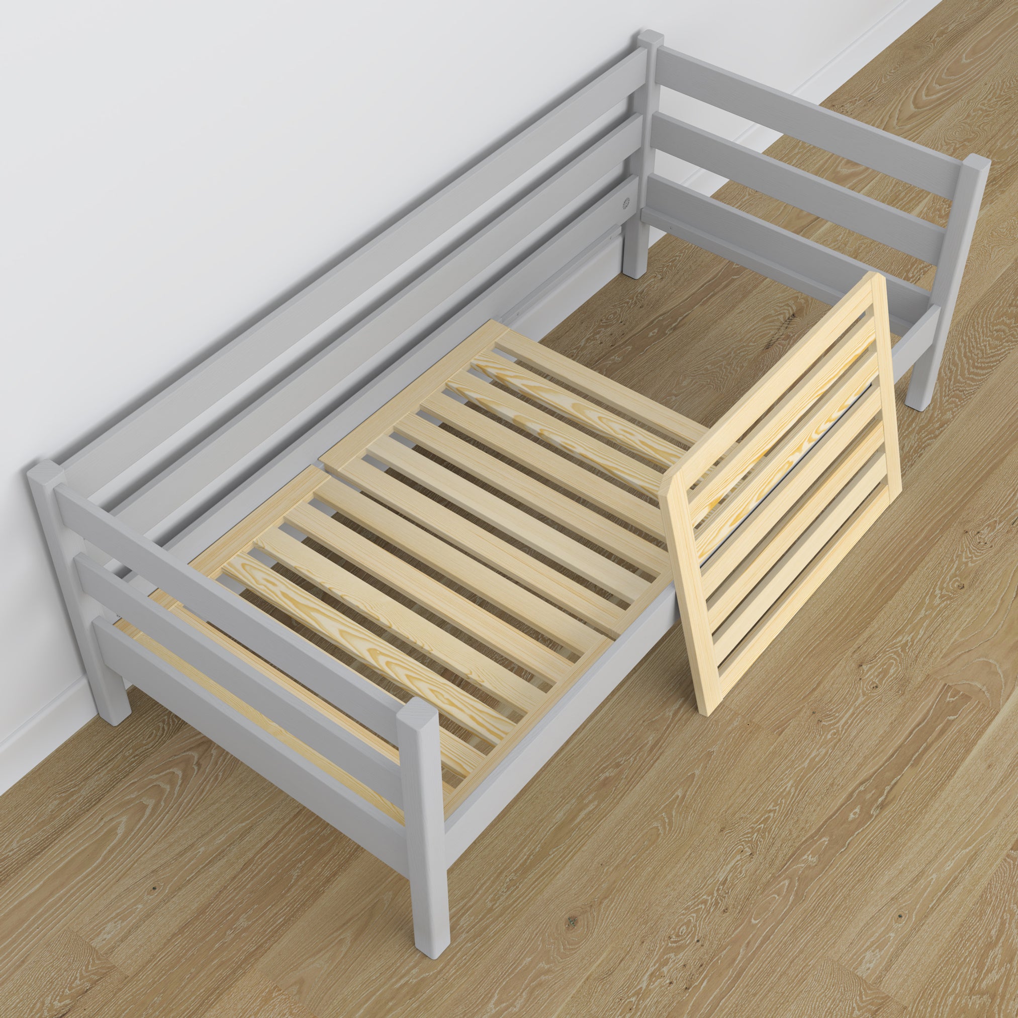 Łóżko sofa drewniane popielaty – widok ukośny, scandi
