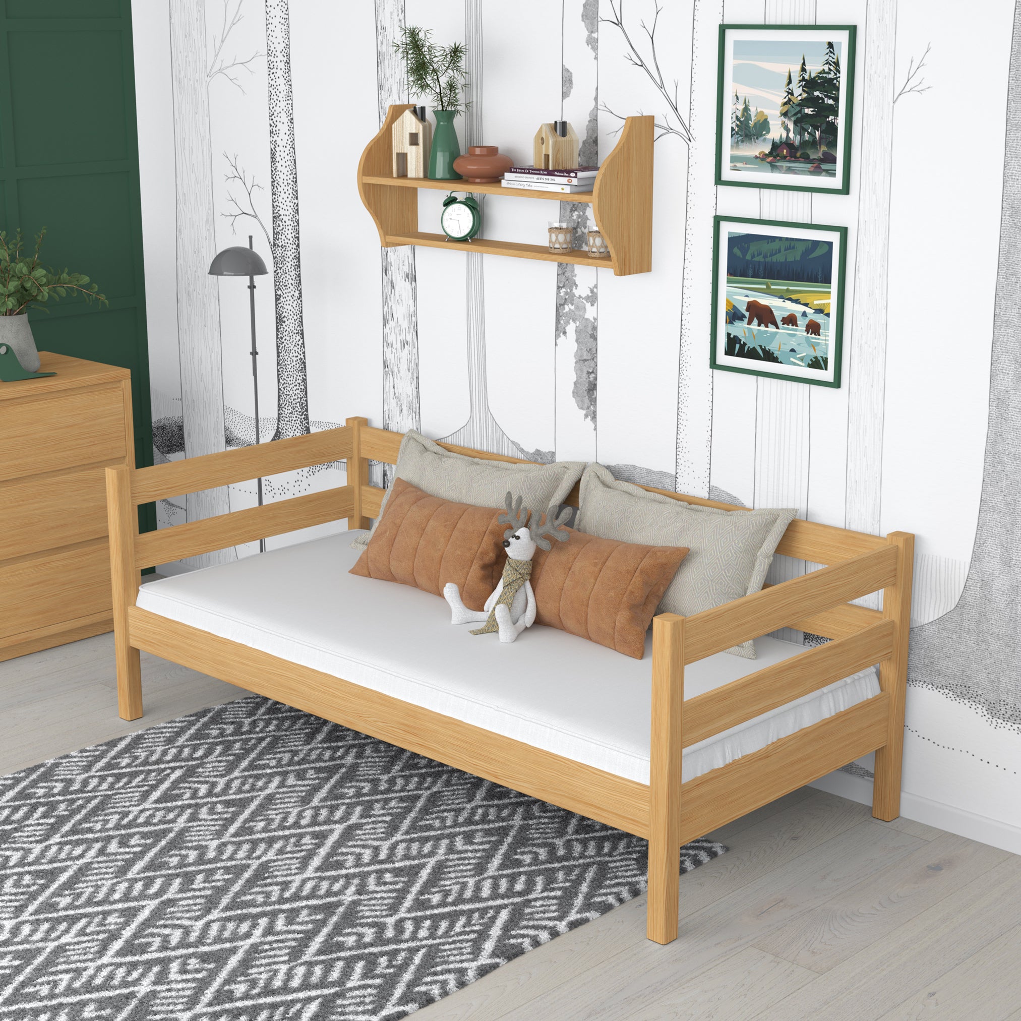 Natūralios pušies sofa-lova vaikų kambaryje - skandi išdėstymas, medinė