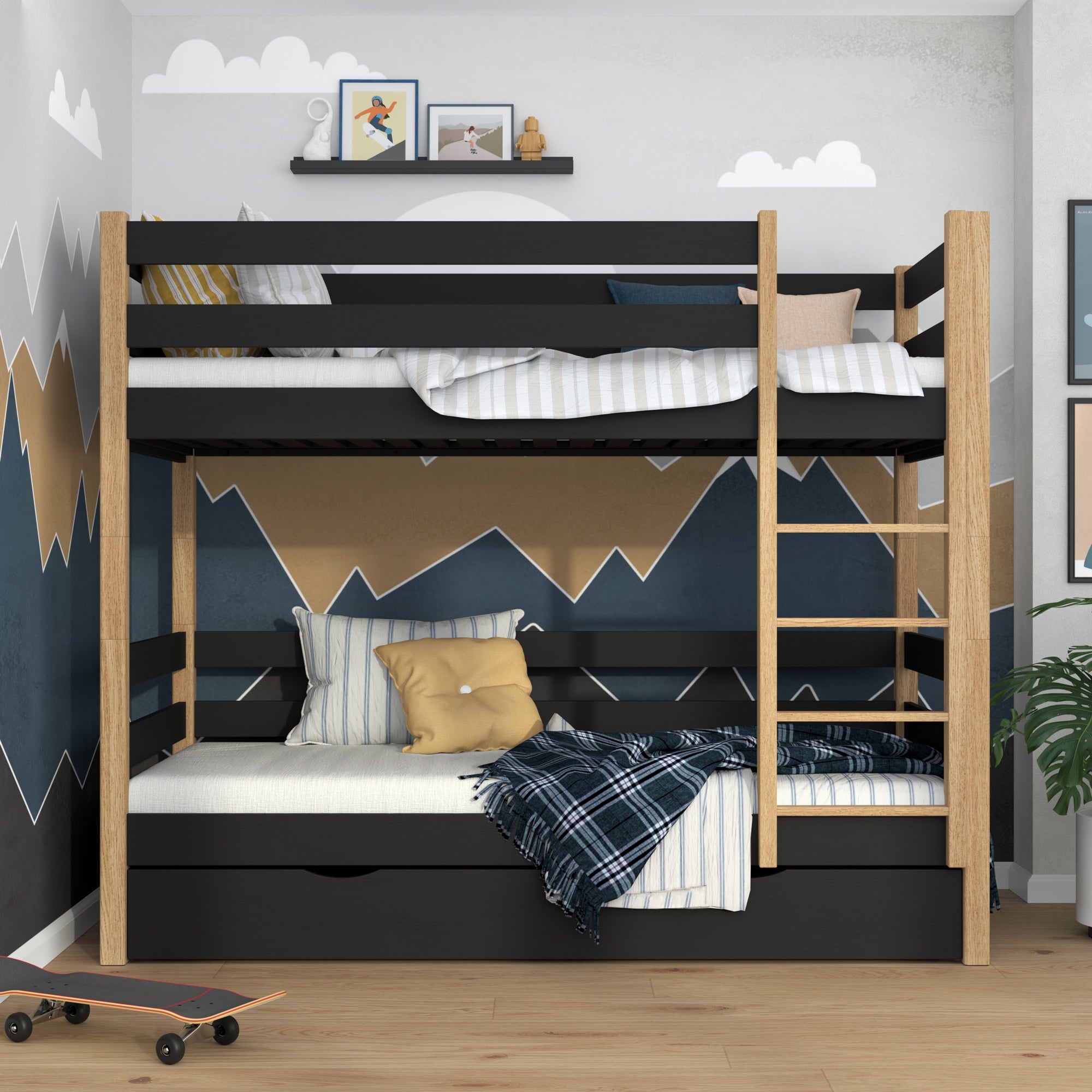 Black and oak bunk bed with a drawer - wooden railing and ladder, Nizio