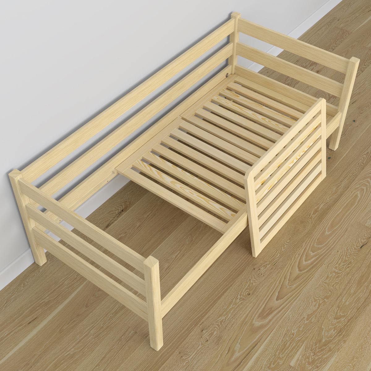 Medinė sofa-lova, bespalvė pušis - vaizdas nuo galvūgalio, vaikų kambarys