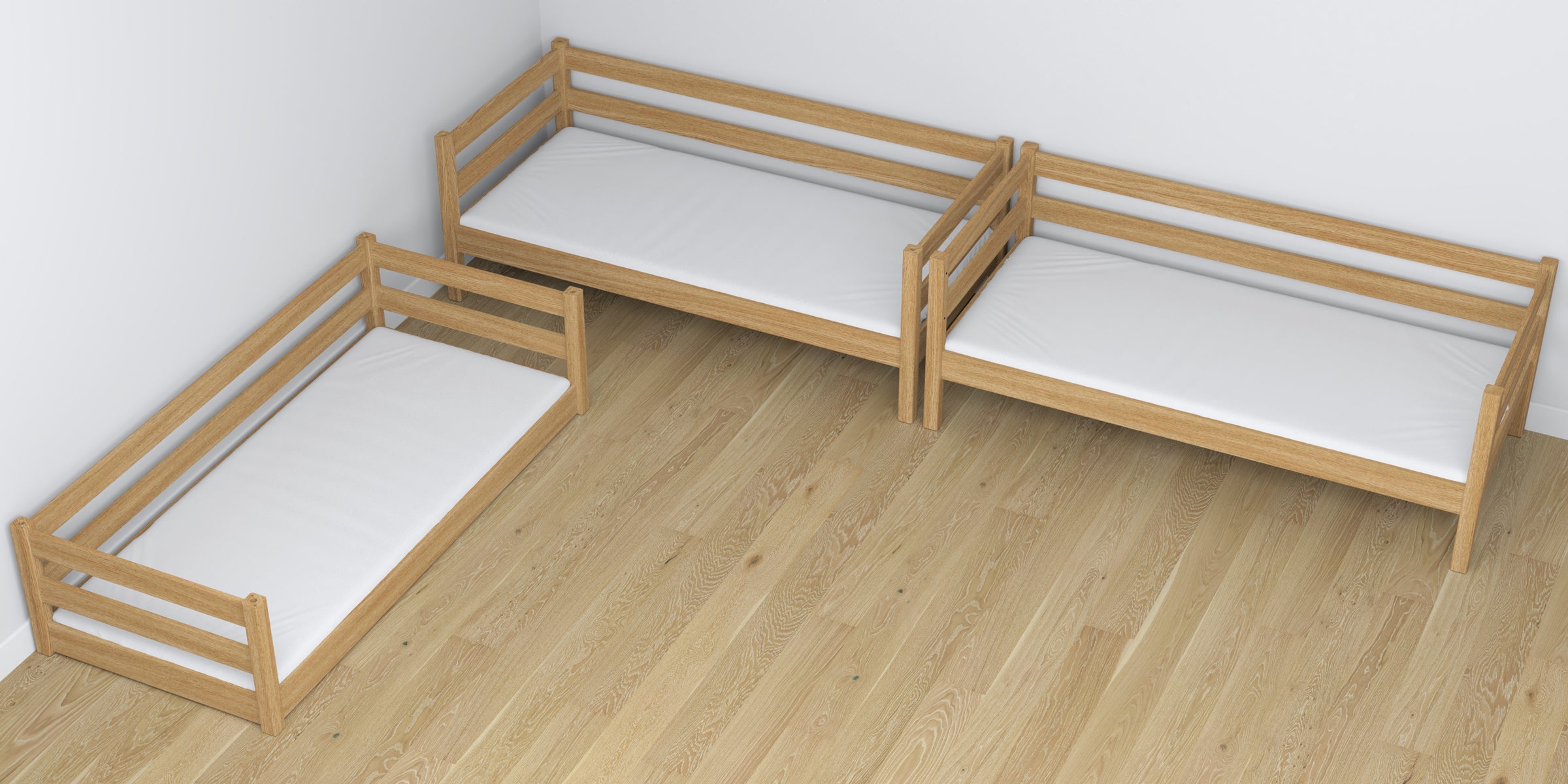 3 aukštų medinė lova, natūralaus ąžuolo - sandūros ir konstrukcijos detalės stambiu planu
