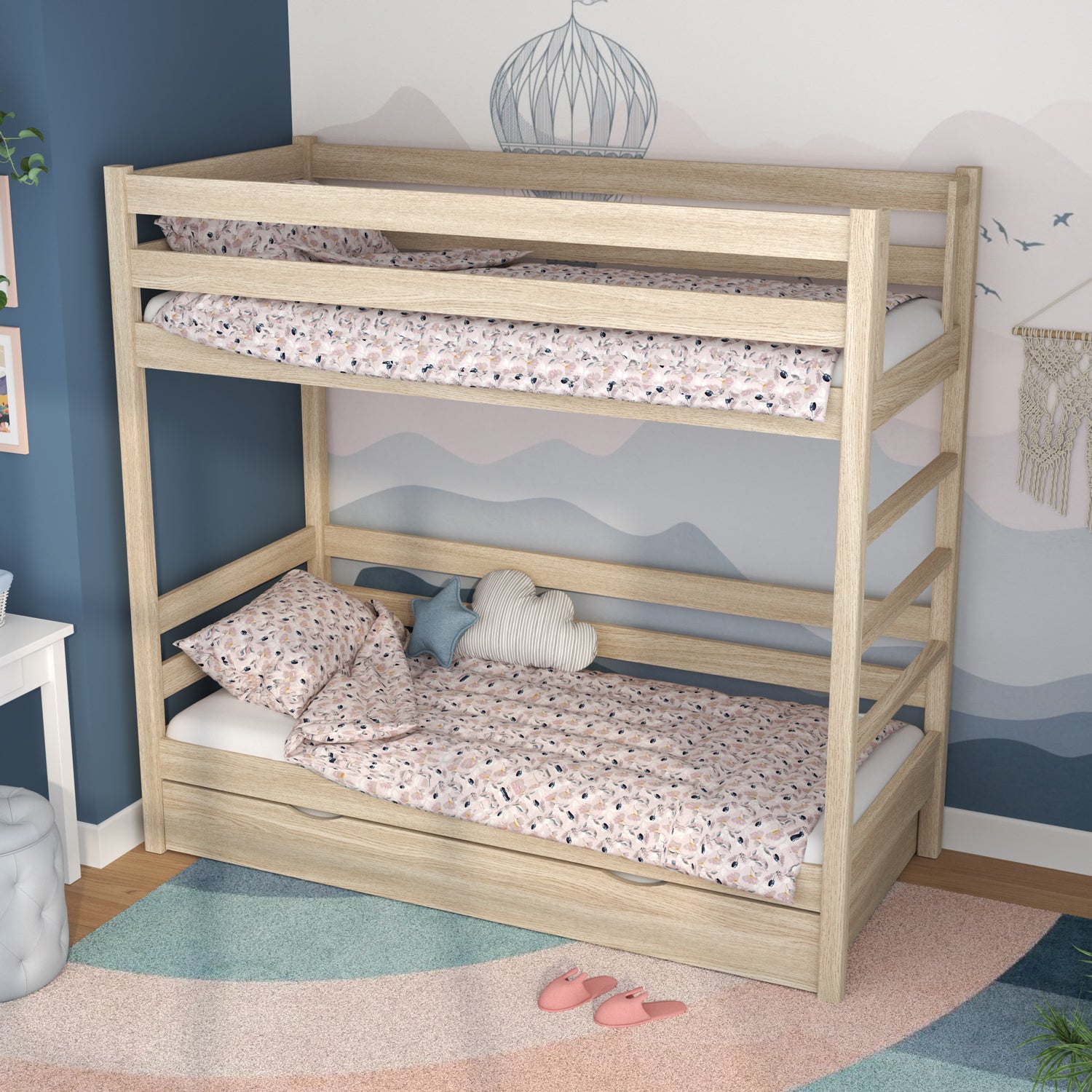 Bleached Oak Bunk Bed for Children – Mattress Drawer, Oak, Nizio