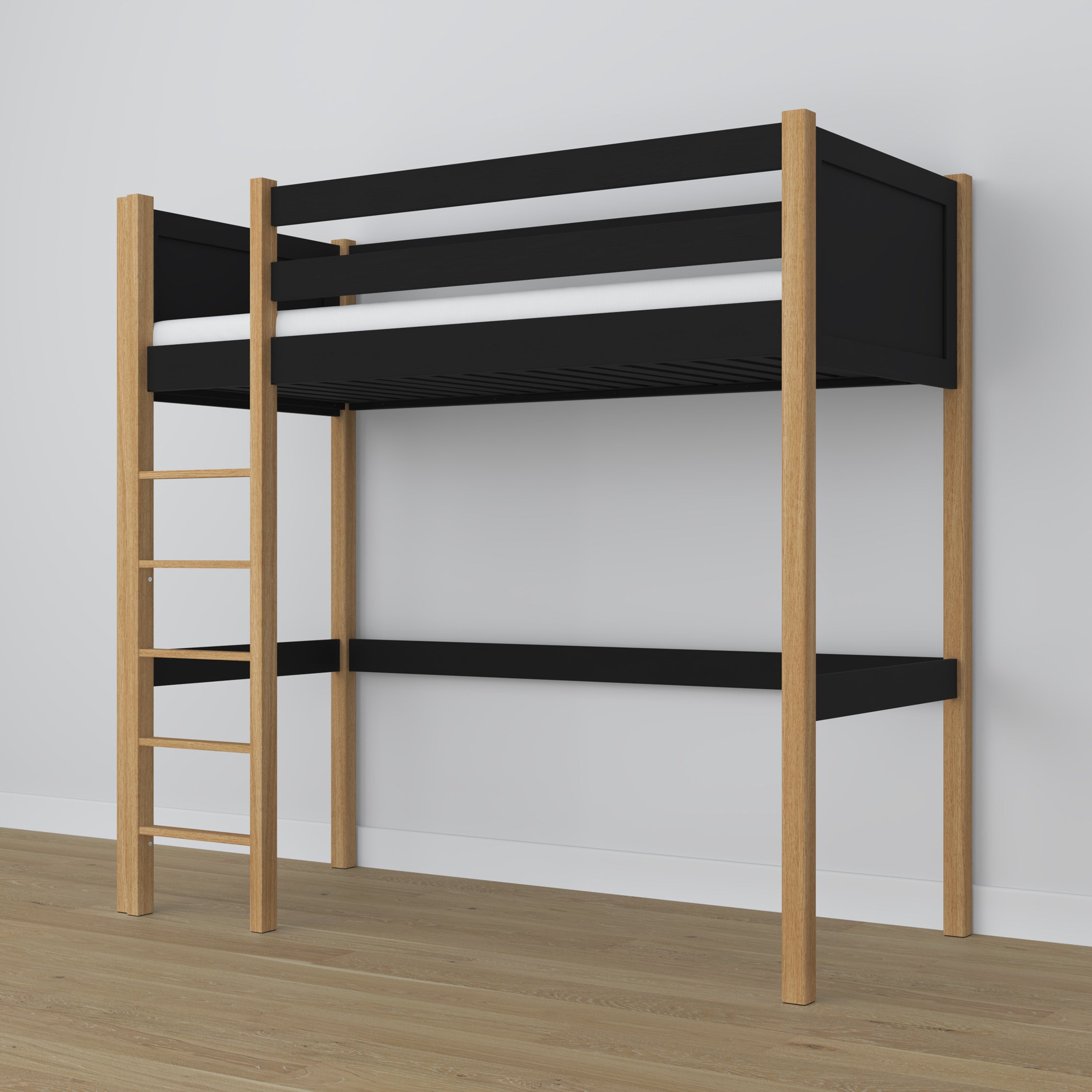 Black and Oak Wooden Loft Bed – Free Space Under the Sleeping Area, Nizio