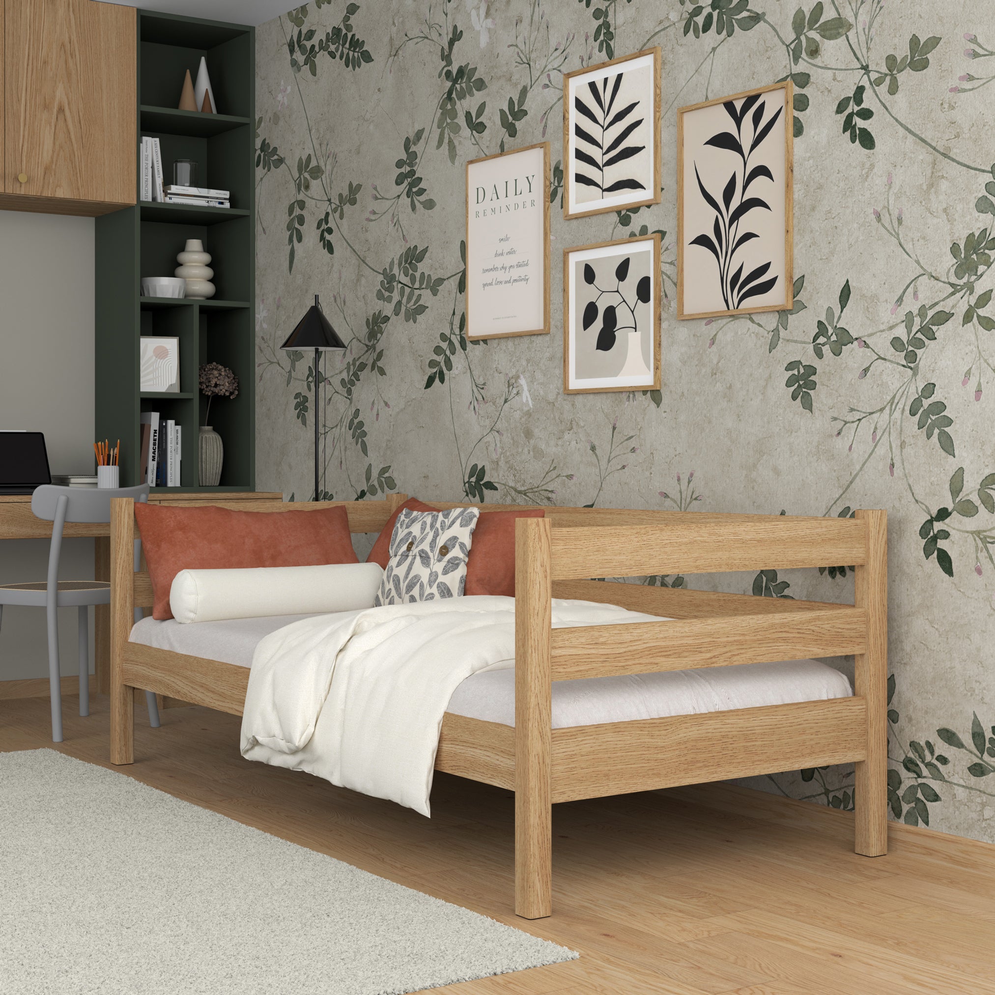 Łóżko sofa dębowe dąb naturalny – widok boczny, bryła i proporcje mebla