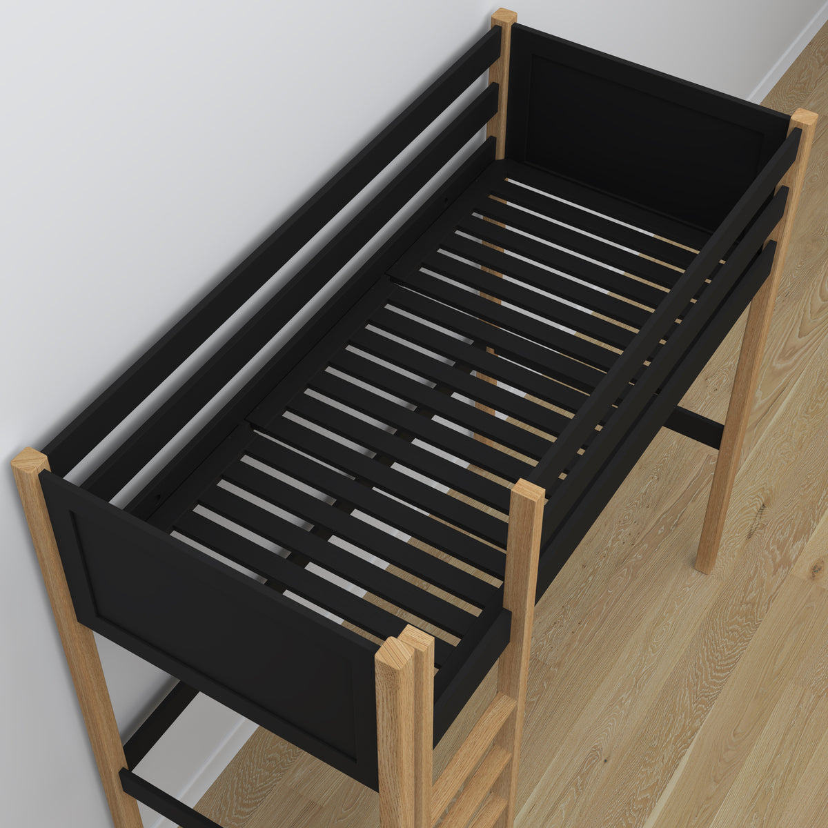 Black and Oak Wooden Loft Bed – Ladder and Joint Details, Nizio Home