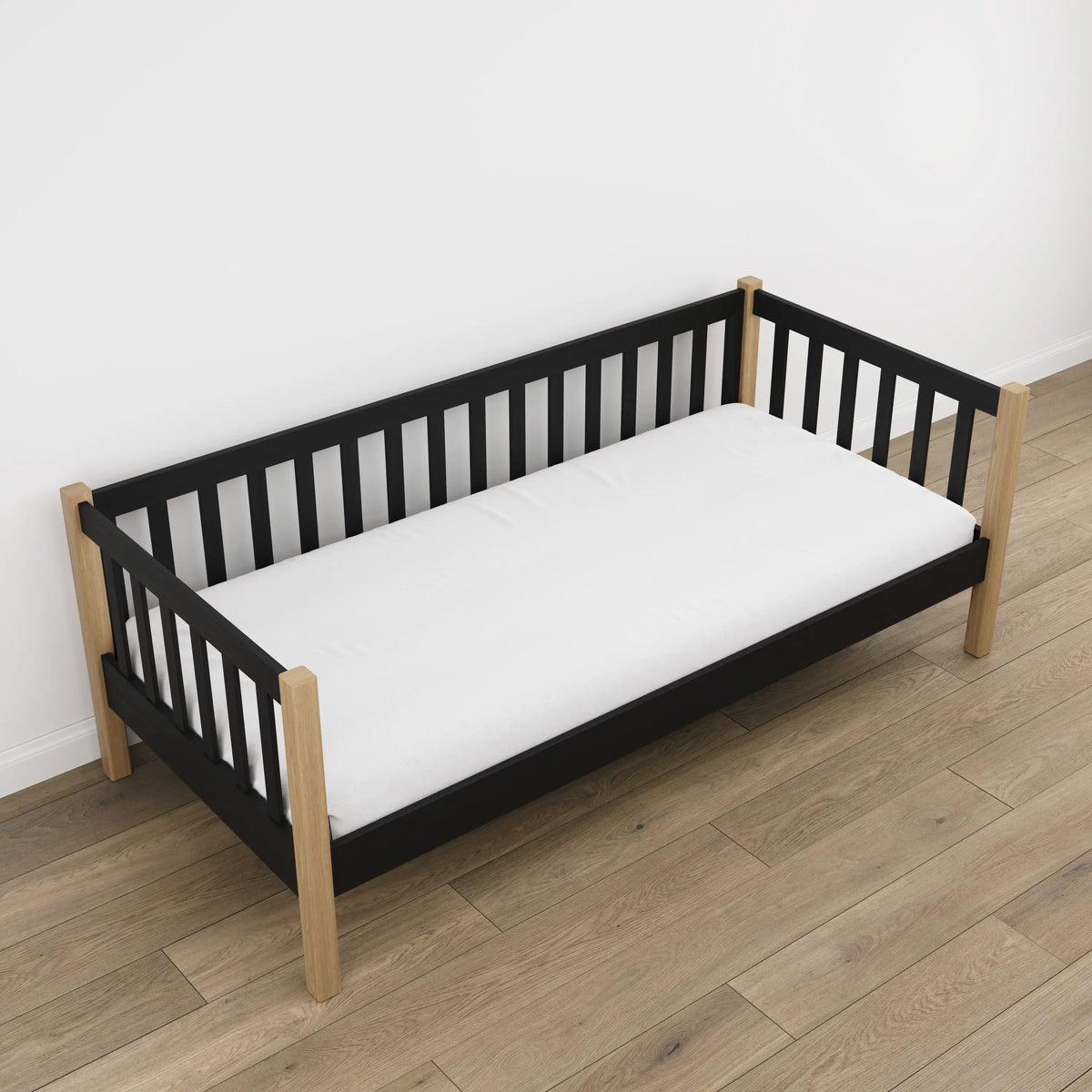 Vaikų kambaryje juoda sofa-lova su ąžuolu - skani išdėstymas, medinė