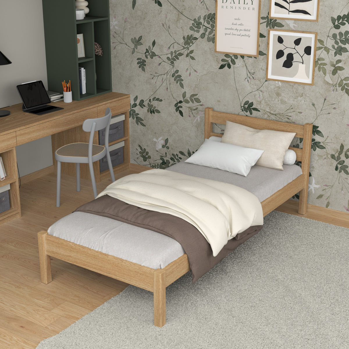 Single oak bed natural oak – side view, furniture proportions