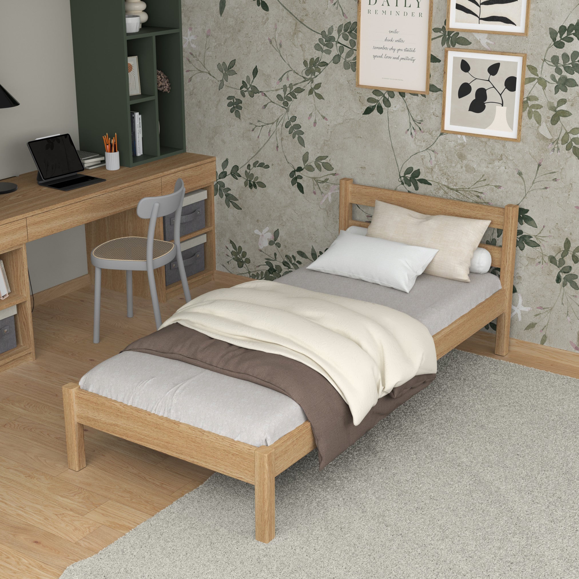 Single oak bed natural oak – side view, furniture proportions