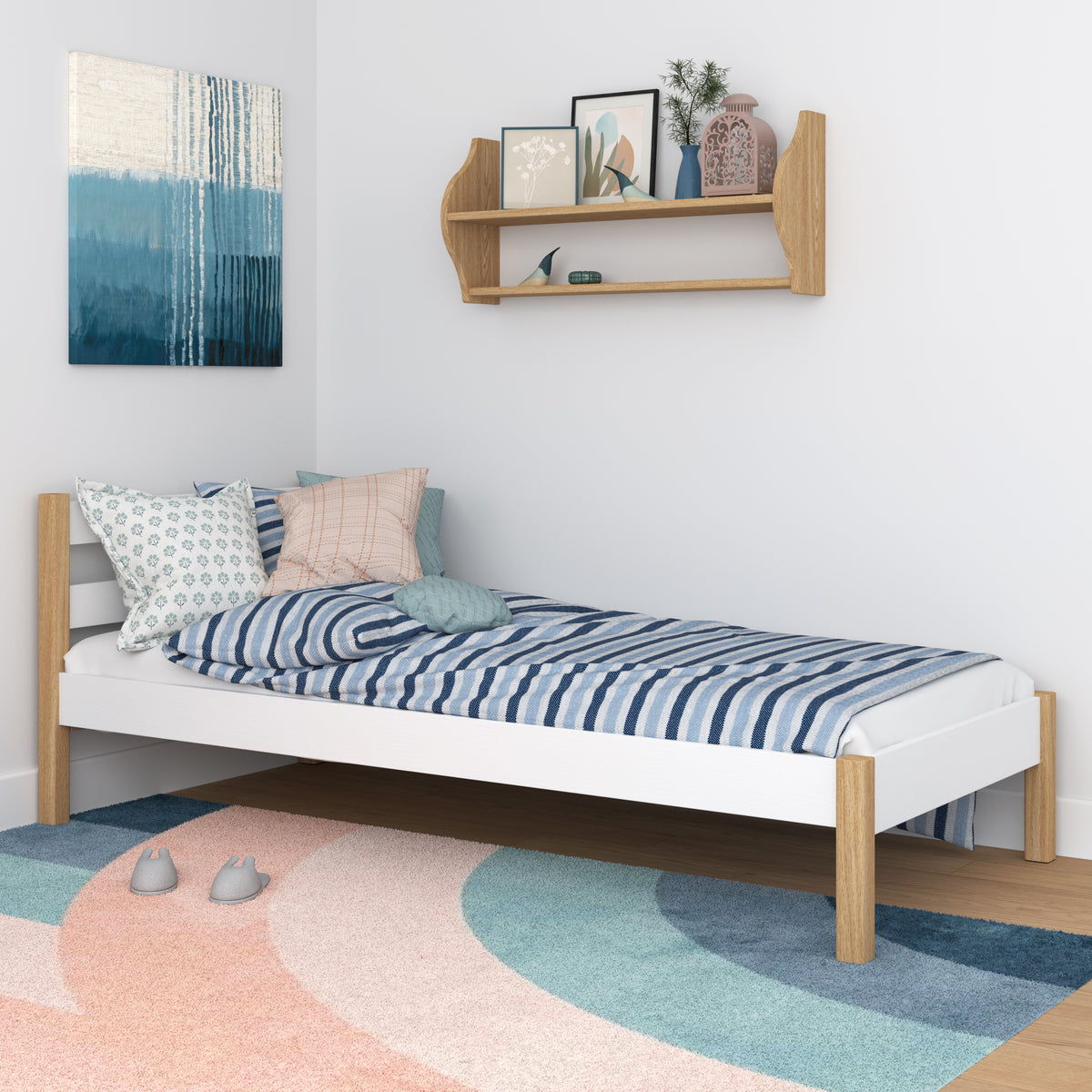 Bed white/oak – wooden headboard, close-up on wood quality, Nizio