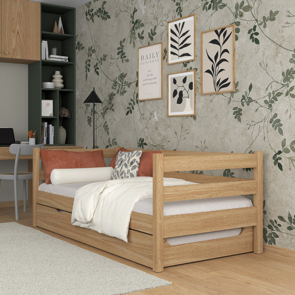 Łóżko sofa dąb naturalny z szufladą na materac – dębowe, Nizio Home