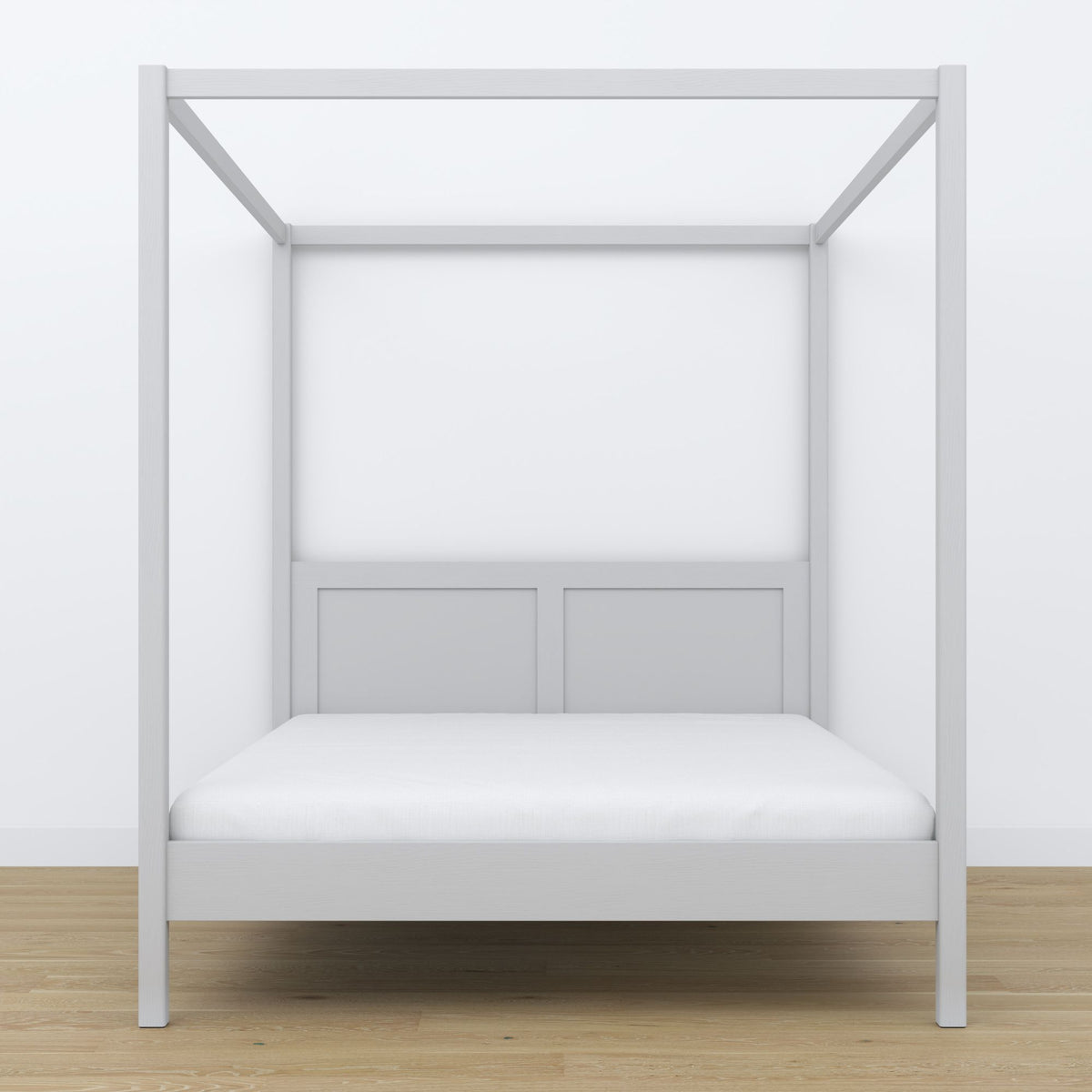 Double bed grey with canopy – wooden frame corner, close-up