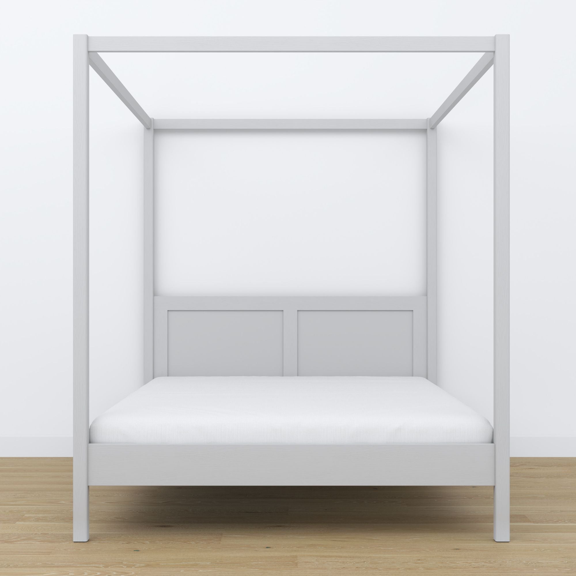 Double bed grey with canopy – wooden frame corner, close-up