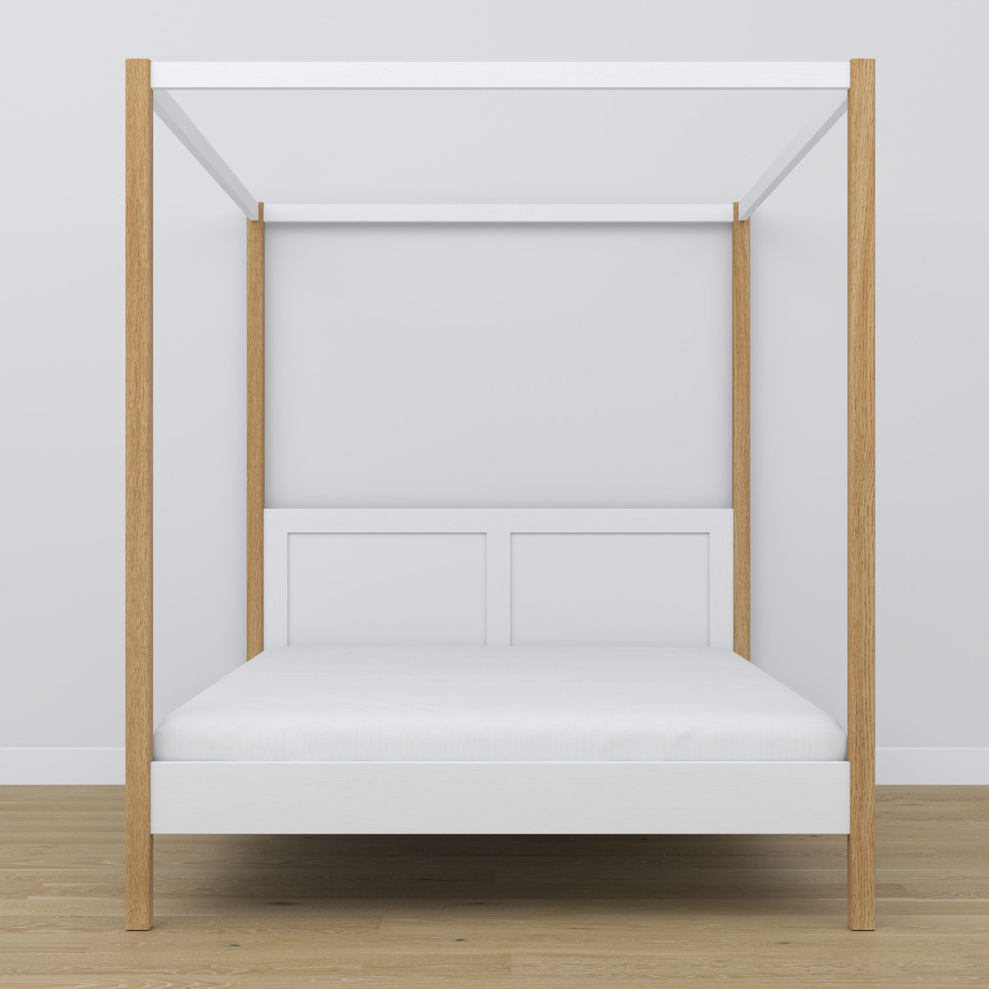 Double bed white and oak with canopy – wooden frame corner, close-up