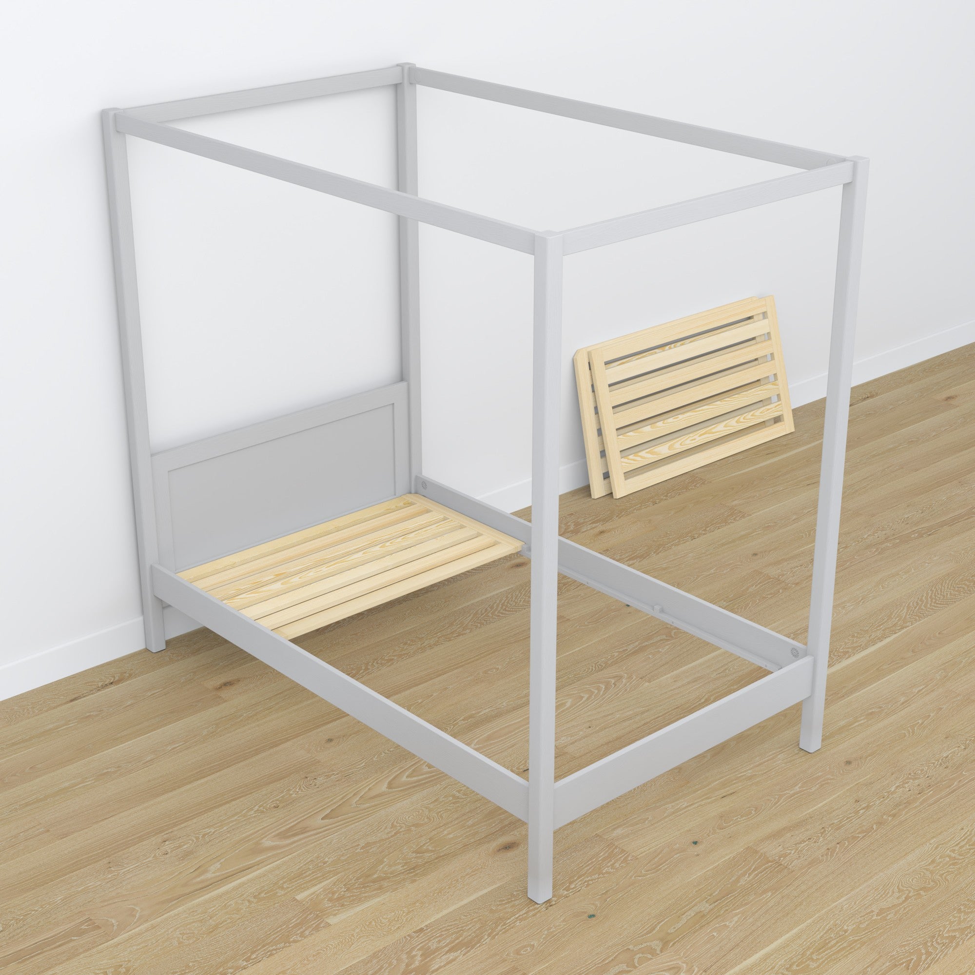 Wooden grey canopy bed – scandi child’s room arrangement