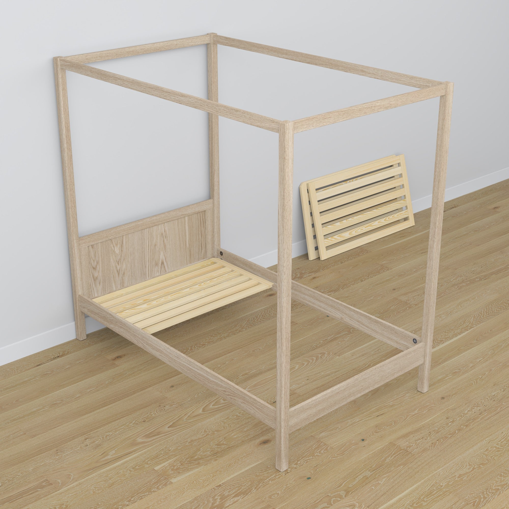 Oak canopy bed bleached oak – scandi child’s room arrangement