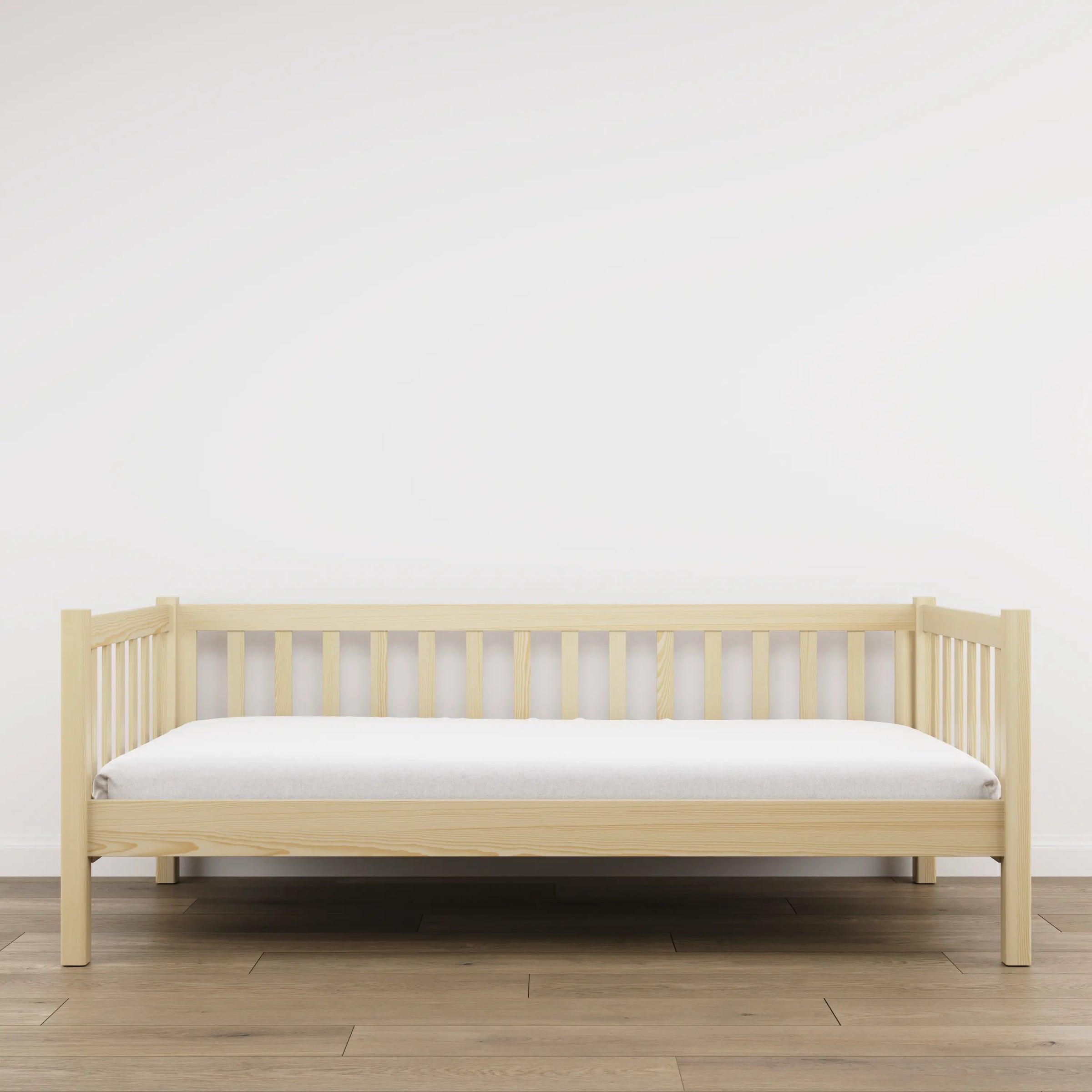 Medinė sofa-lova, bespalvė pušis - vaizdas iš šono, baldų korpusas ir proporcijos
