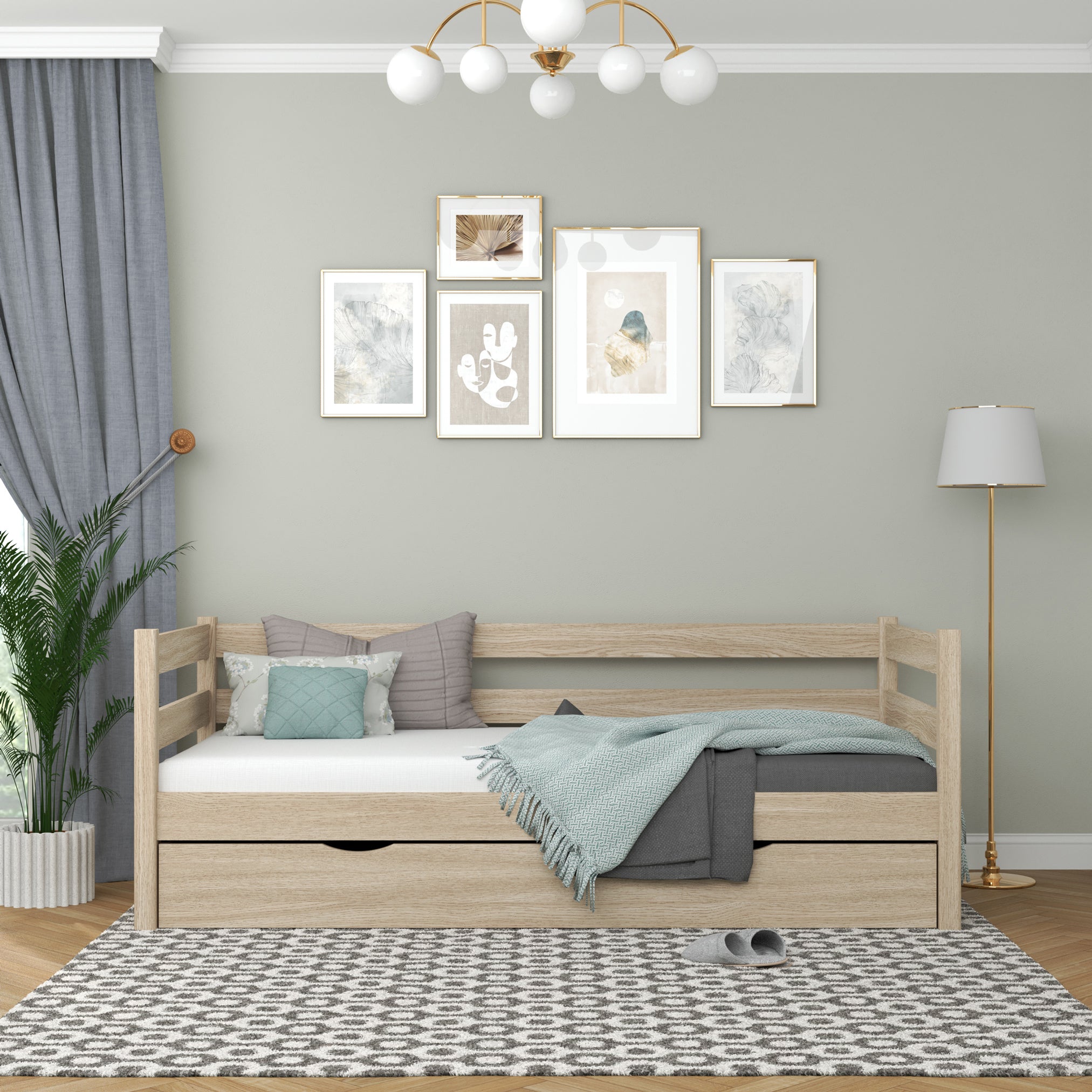 Balinto ąžuolo sofa-lova - ąžuolinė šoninė užtvara, vaizdas iš šono, Nizio