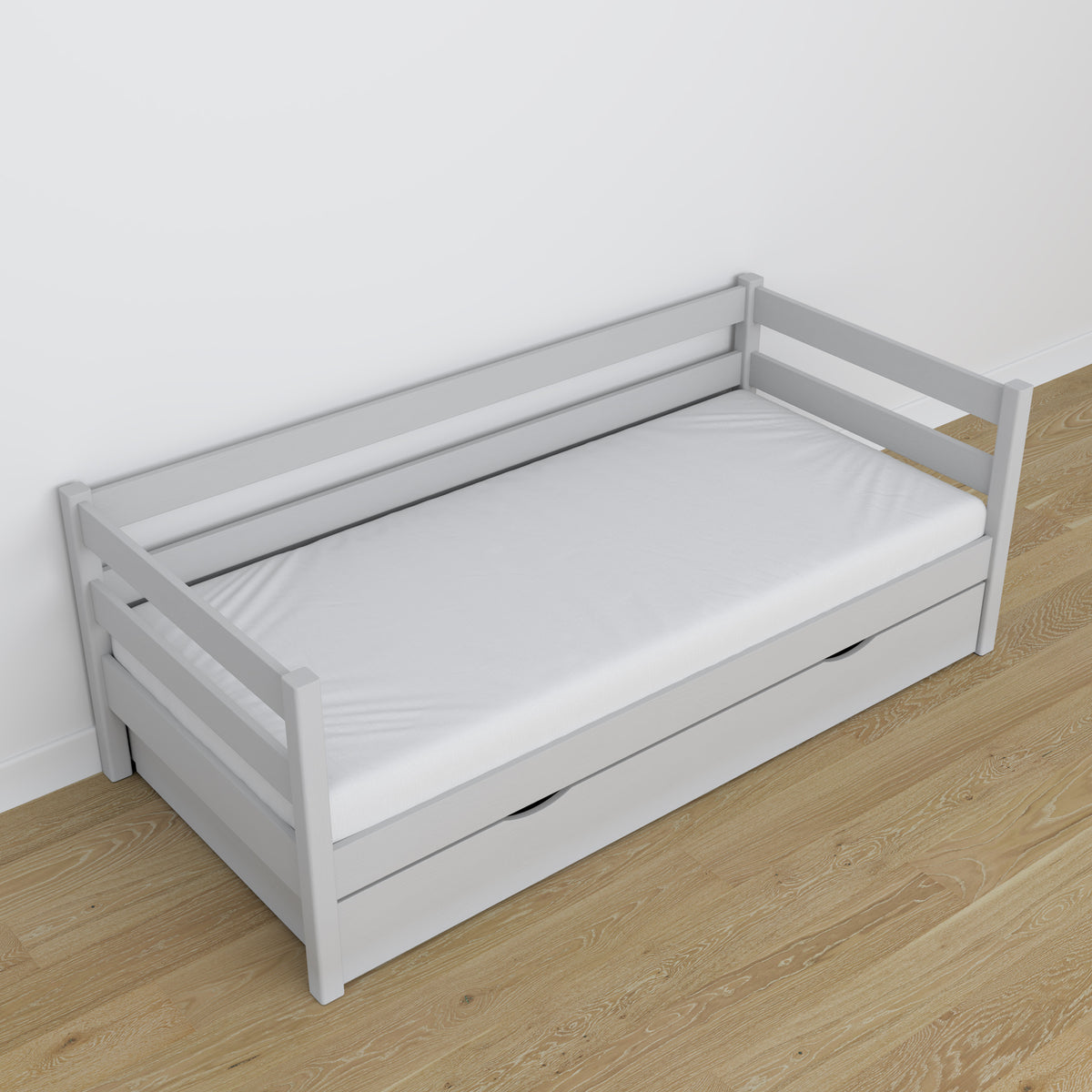 Łóżko sofa popielaty – detale drewniane i złącza, Nizio Home