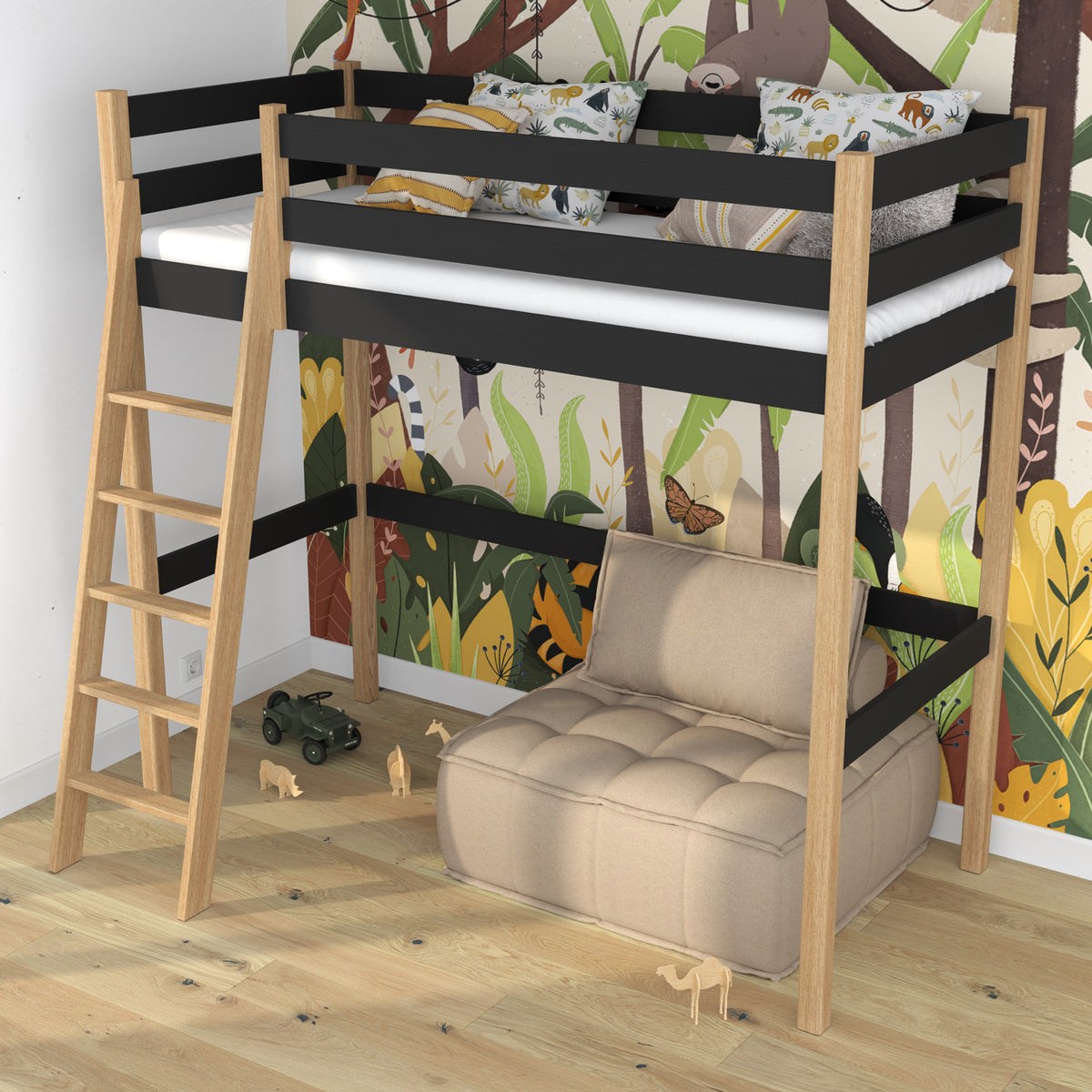 Loft bed black/oak in children’s room – scandi arrangement, wooden
