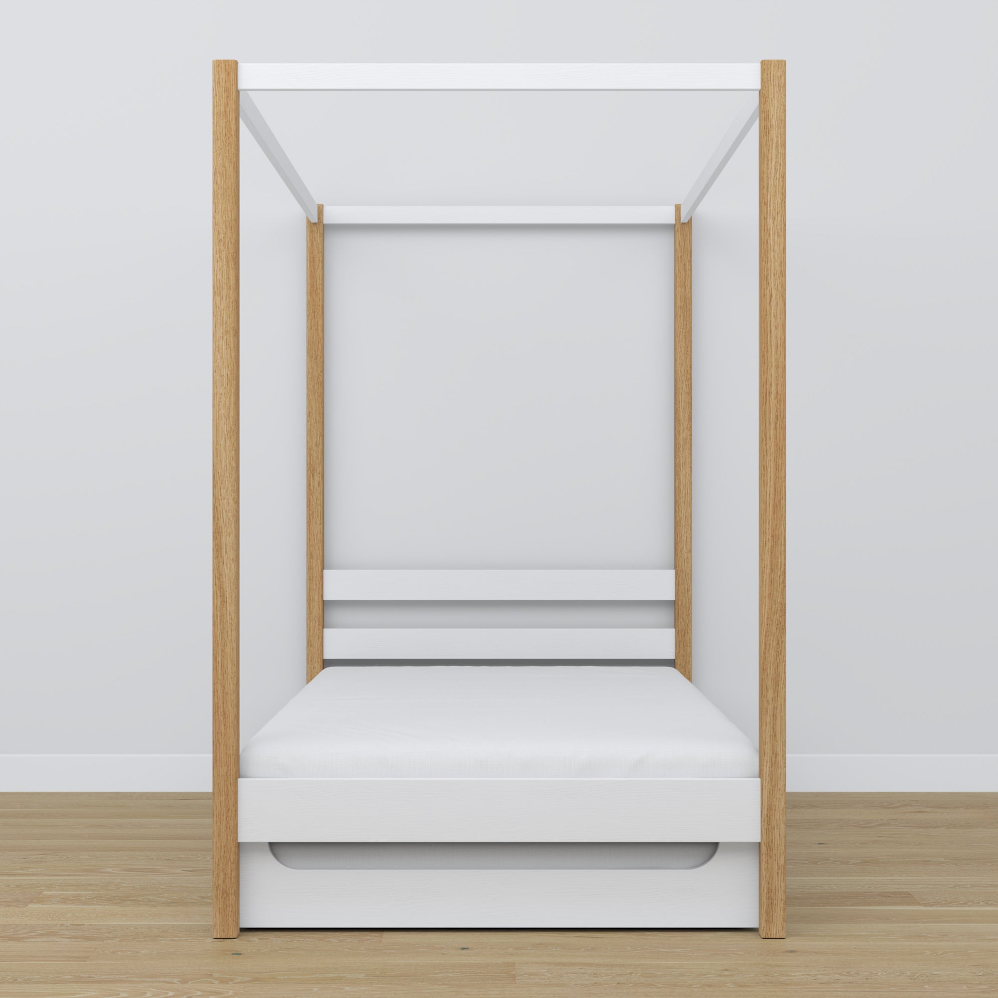 Bed white/oak canopy bed with drawer – side view, wooden, Nizio