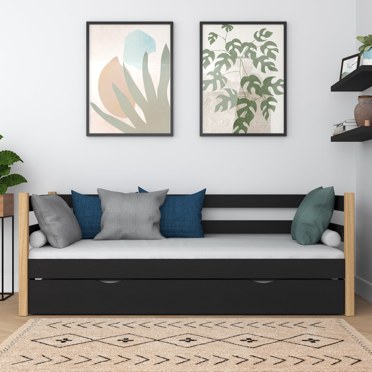 Juodos ir ąžuolo sofa-lova - medinė šoninė užtvara, vaizdas iš šono, Nizio