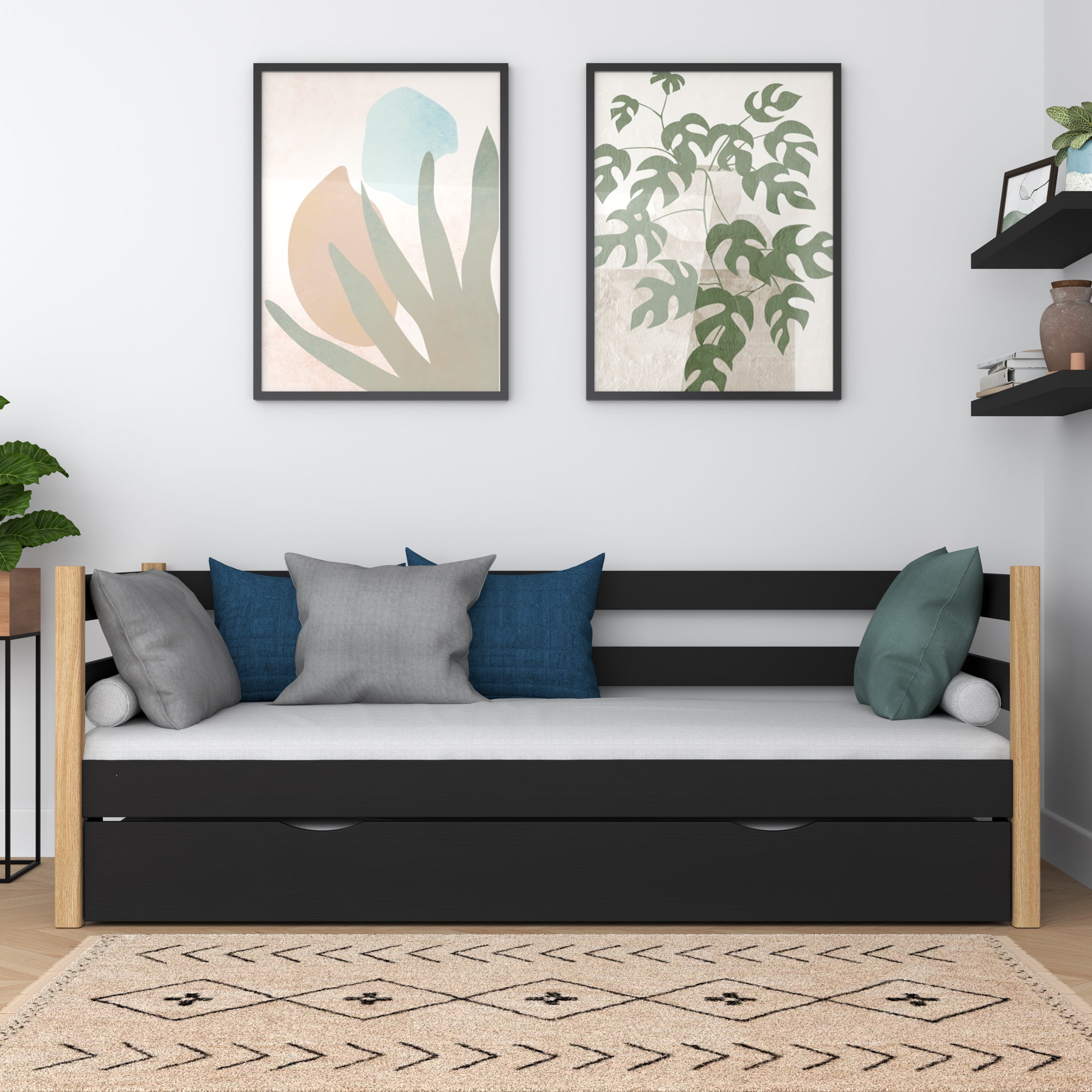 Juodos ir ąžuolo sofa-lova - medinė šoninė užtvara, vaizdas iš šono, Nizio