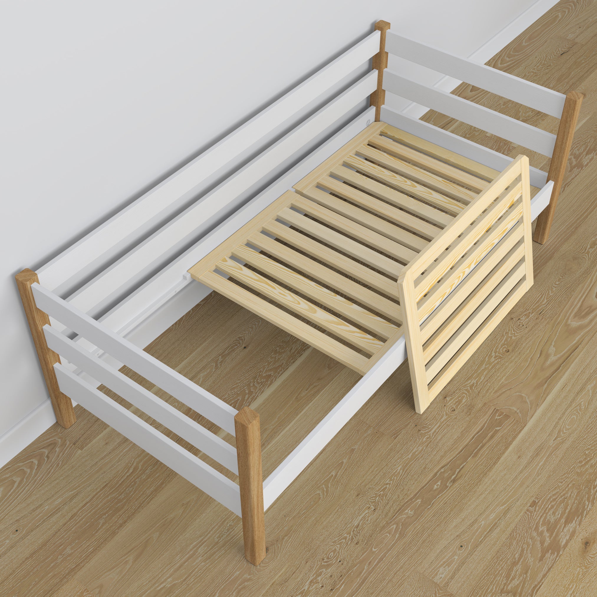 Baltos ir ąžuolo medinė sofa-lova - vaizdas iš galvūgalio, vaikų kambarys