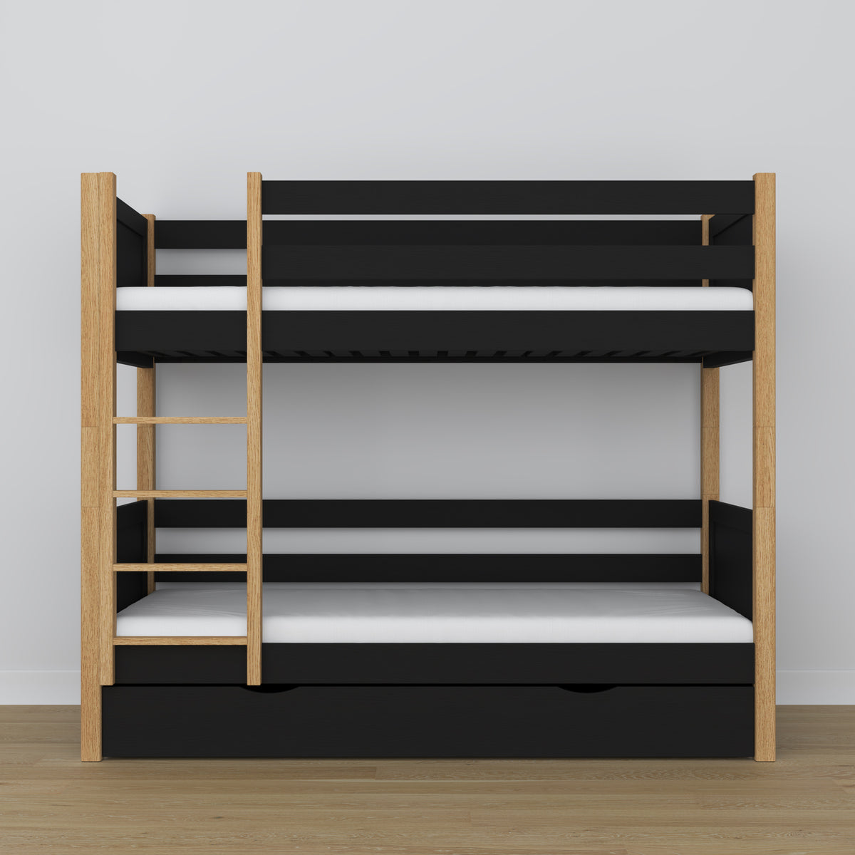 Black and oak bunk bed - wooden frame with slats, side view