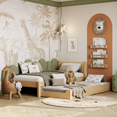 Wooden bed with mattress drawer natural pine – child’s room, scandi Nizio