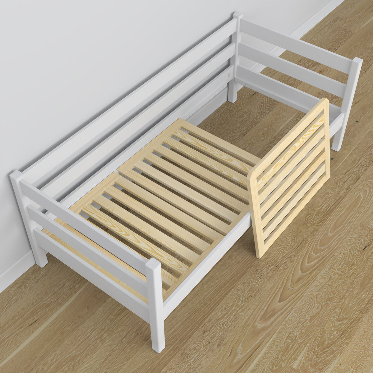 Łóżko sofa drewniane biały – widok ukośny, scandi