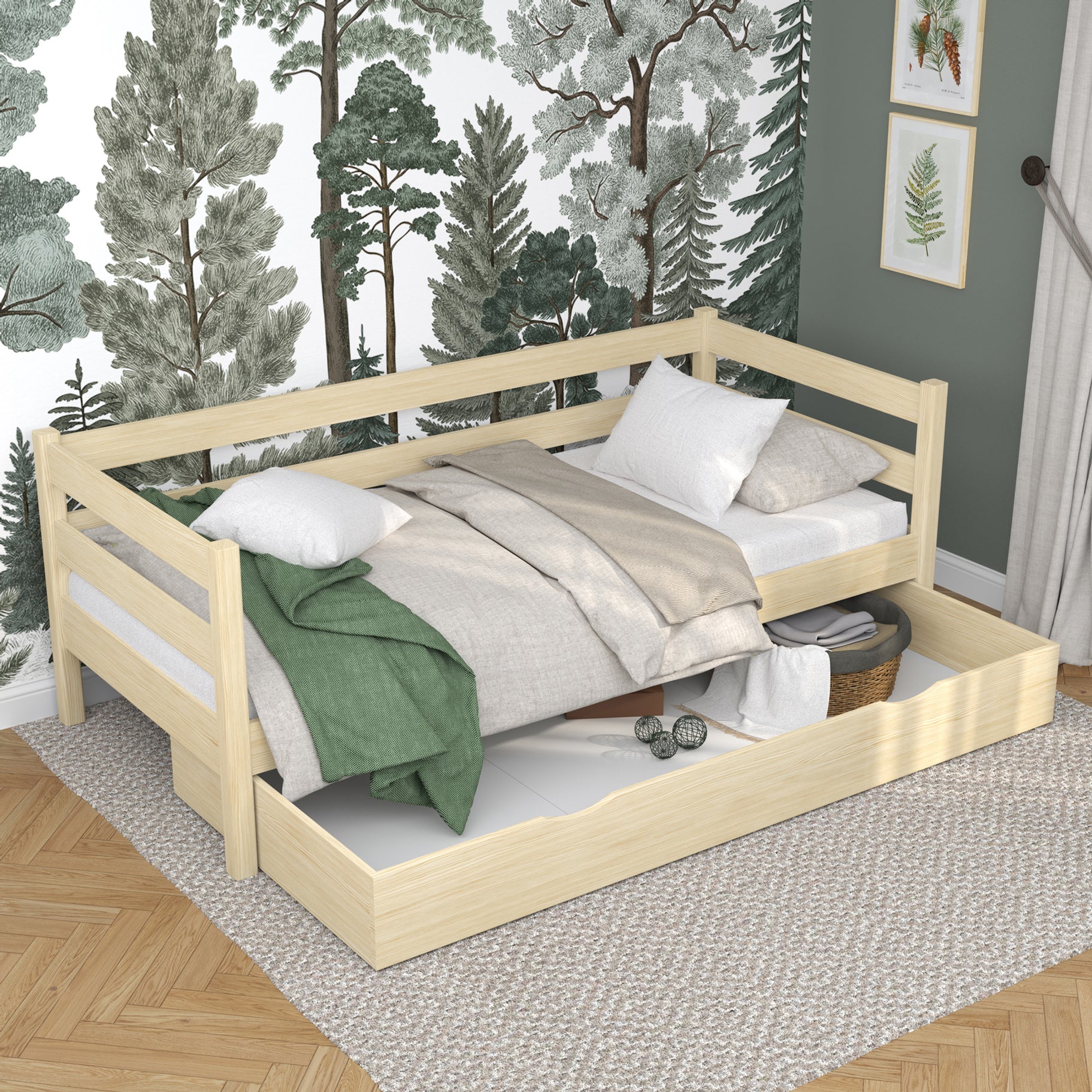 Medinė, bespalvė pušinė sofa-lova su stalčiumi - vaikiškam, scandi stiliaus, Nizio
