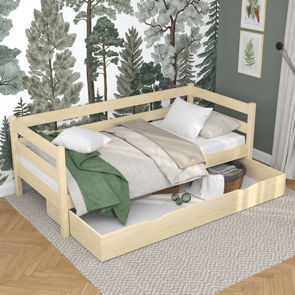 Łóżko sofa z szufladą drewniane sosna bezbarwna – pokój dziecięcy, styl scandi Nizio