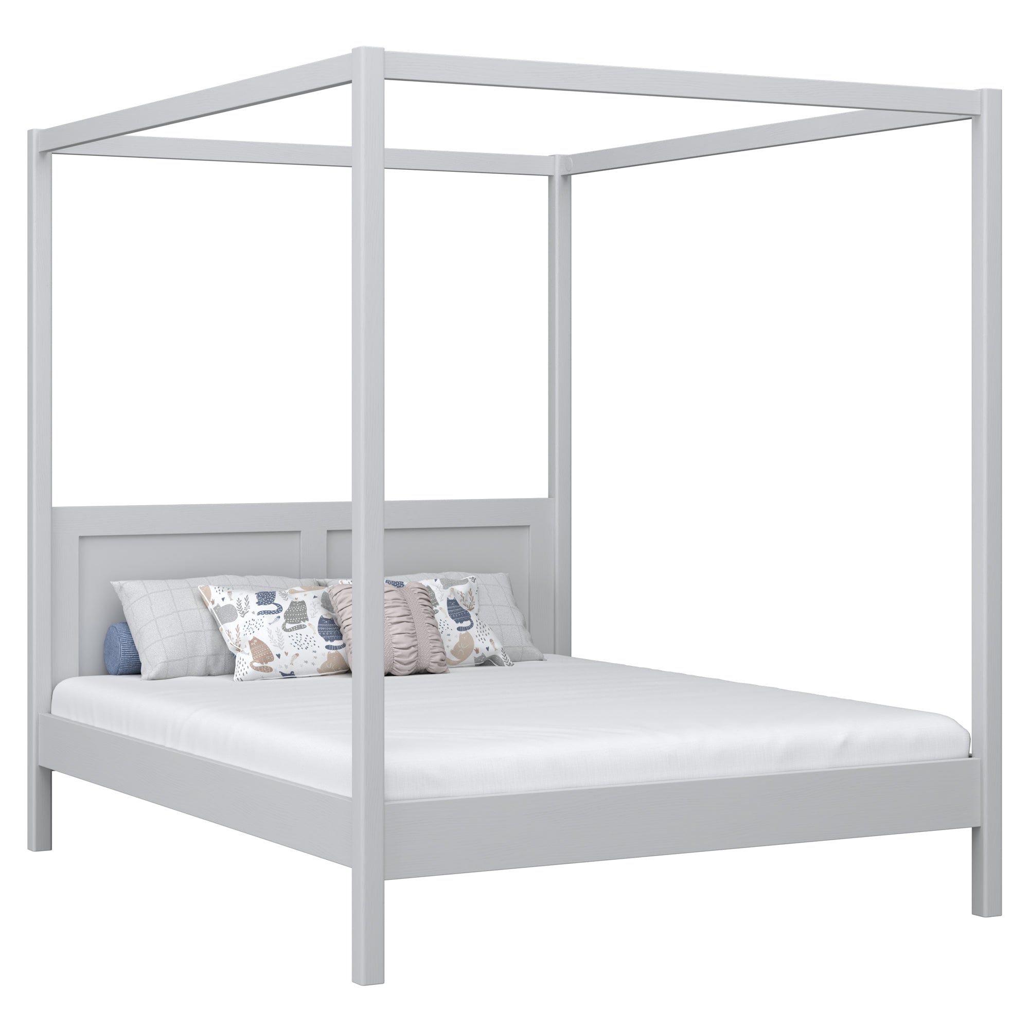 Wooden double bed with canopy grey – bedroom, Scandinavian style