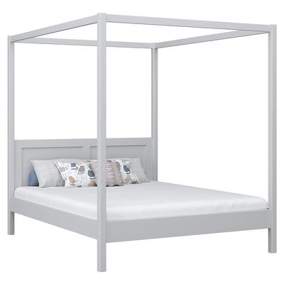 Wooden double bed with canopy grey – bedroom, Scandinavian style