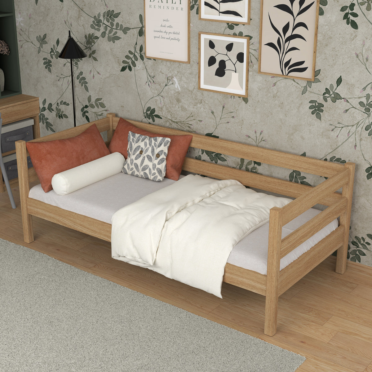 Łóżko sofa dąb naturalny w pokoju dziecięcym – aranżacja scandi, dębowe