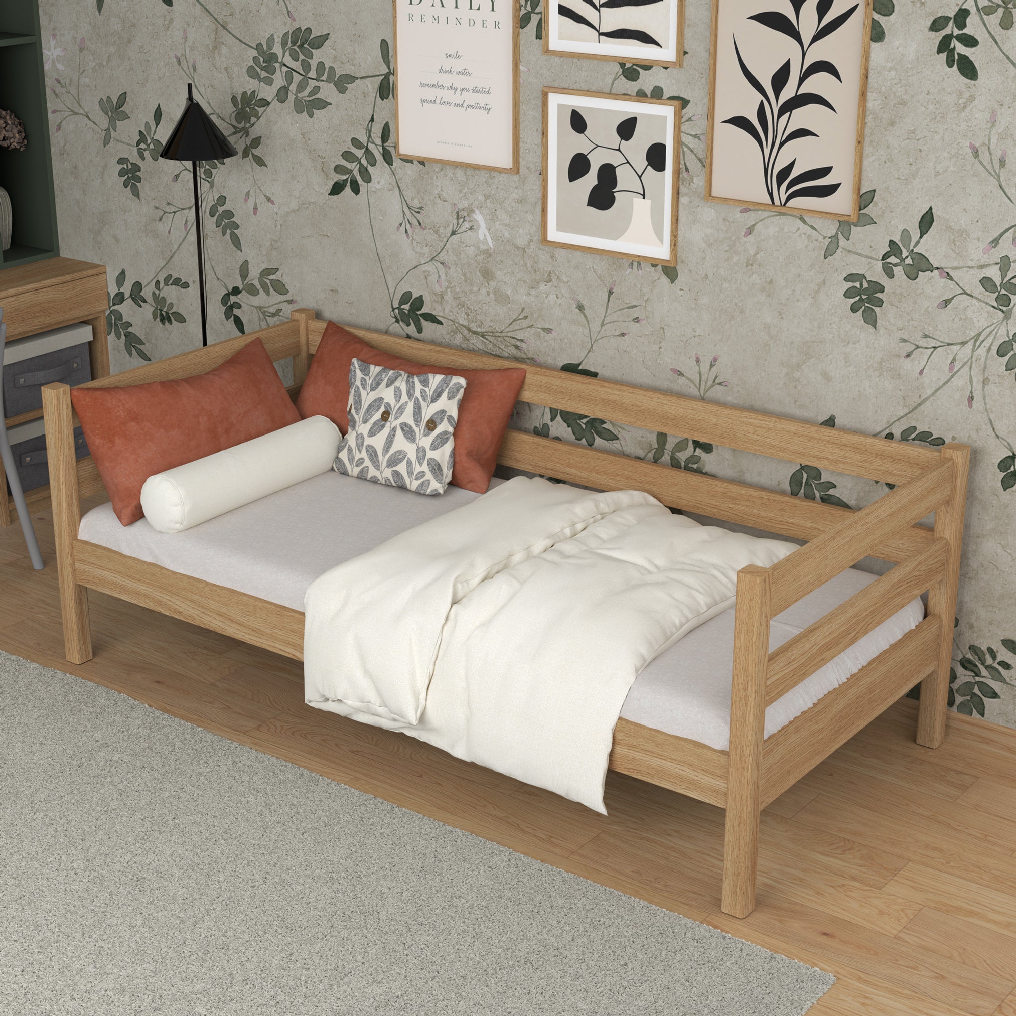 Łóżko sofa dąb naturalny w pokoju dziecięcym – aranżacja scandi, dębowe