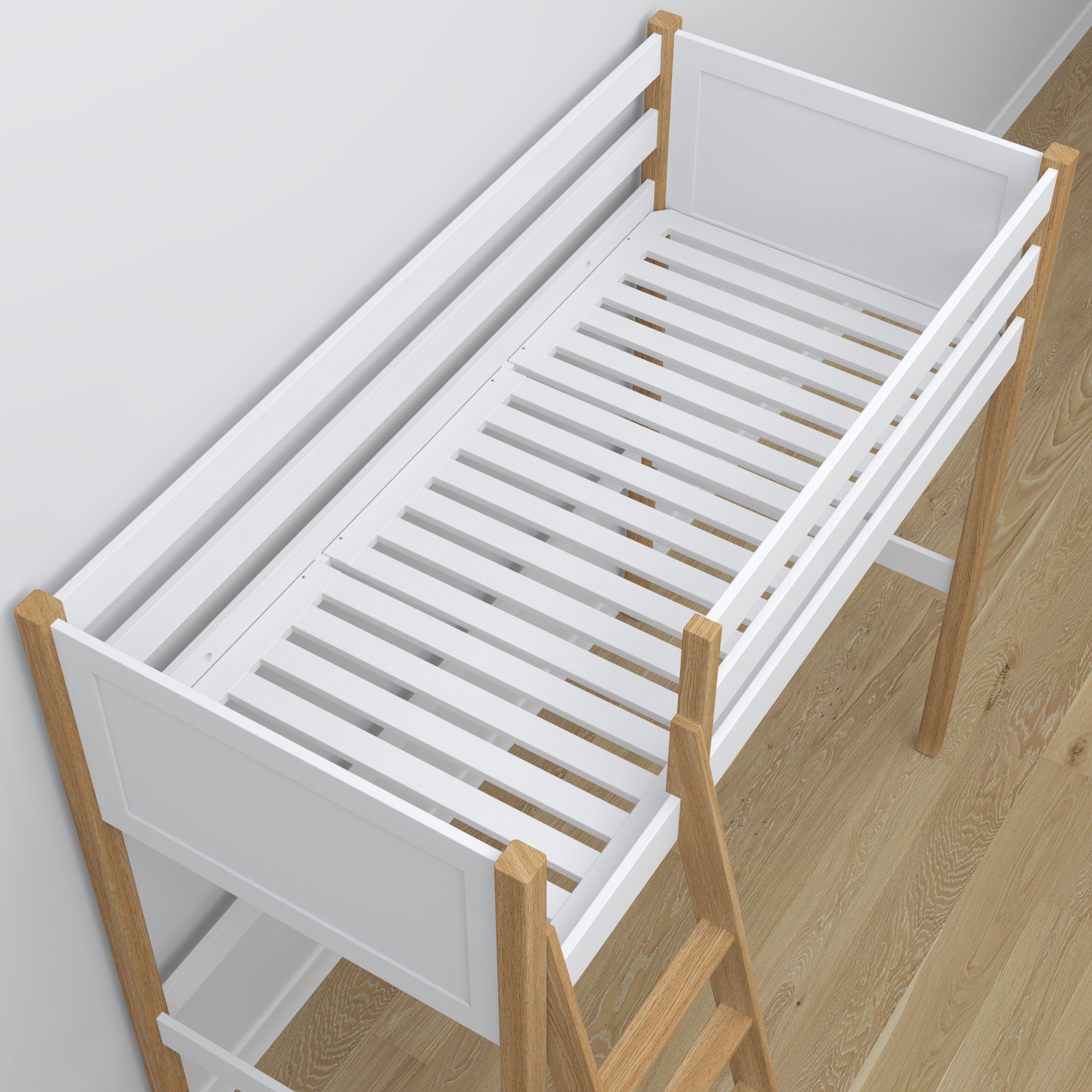 Baltos ir ąžuolinės medinės antresolės lova - sandūrų ir kopėčių detalės, Nizio Home