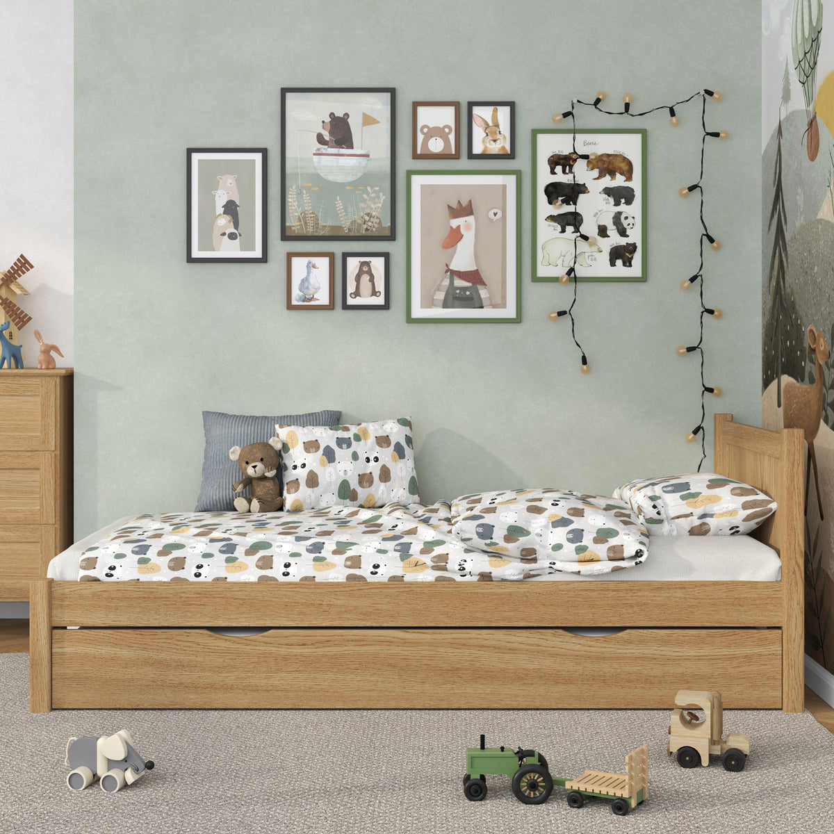 Natural Oak Bed with Mattress Drawer – Side View, Oak, Nizio Home