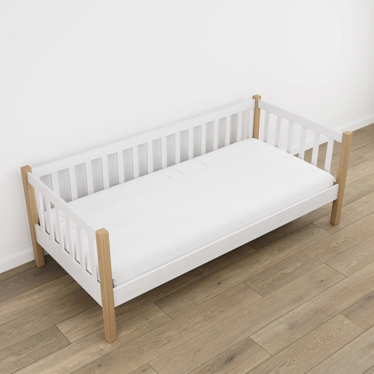 Balta sofa-lova su ąžuolu - medinės kojos ir pagrindas, detalių stambiu planu