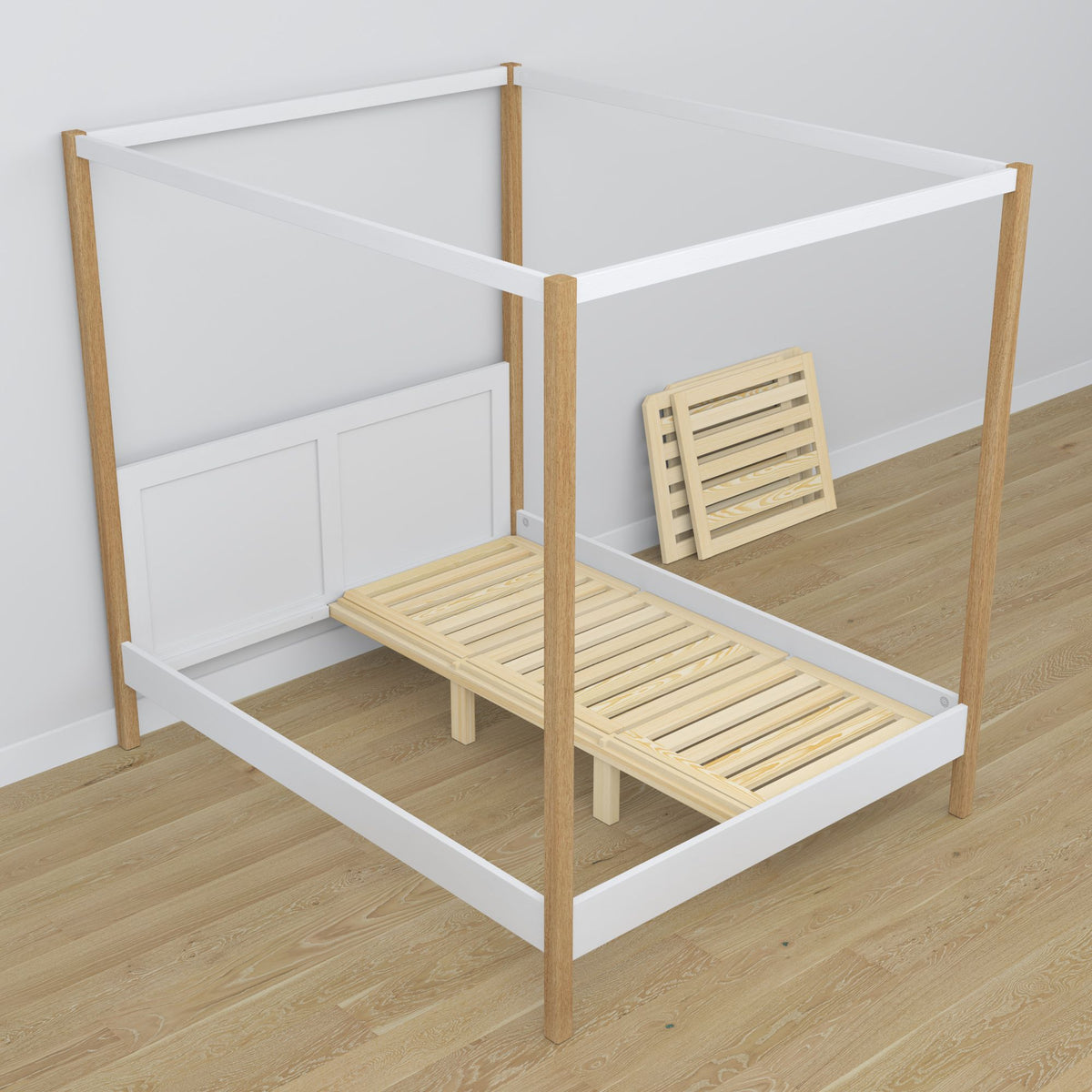 White-oak canopy bed made of wood – angled view, bedroom