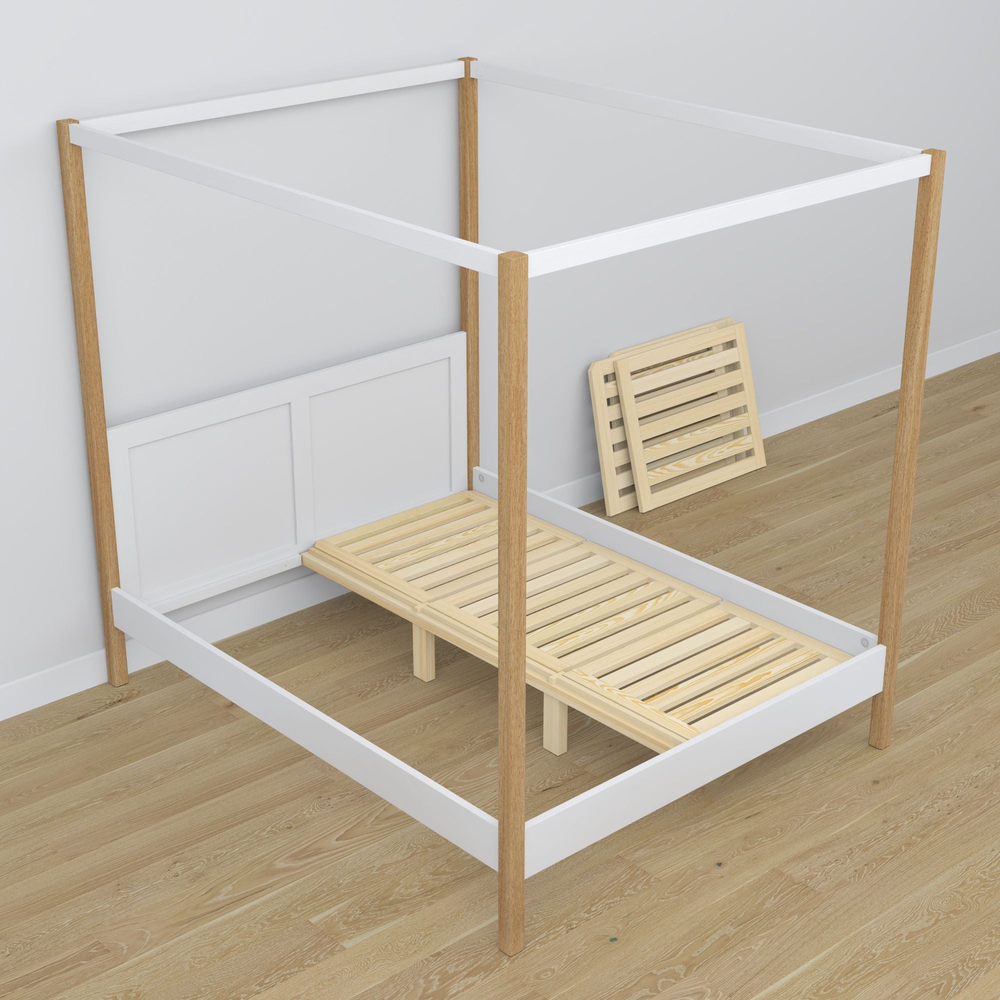 White-oak canopy bed made of wood – angled view, bedroom