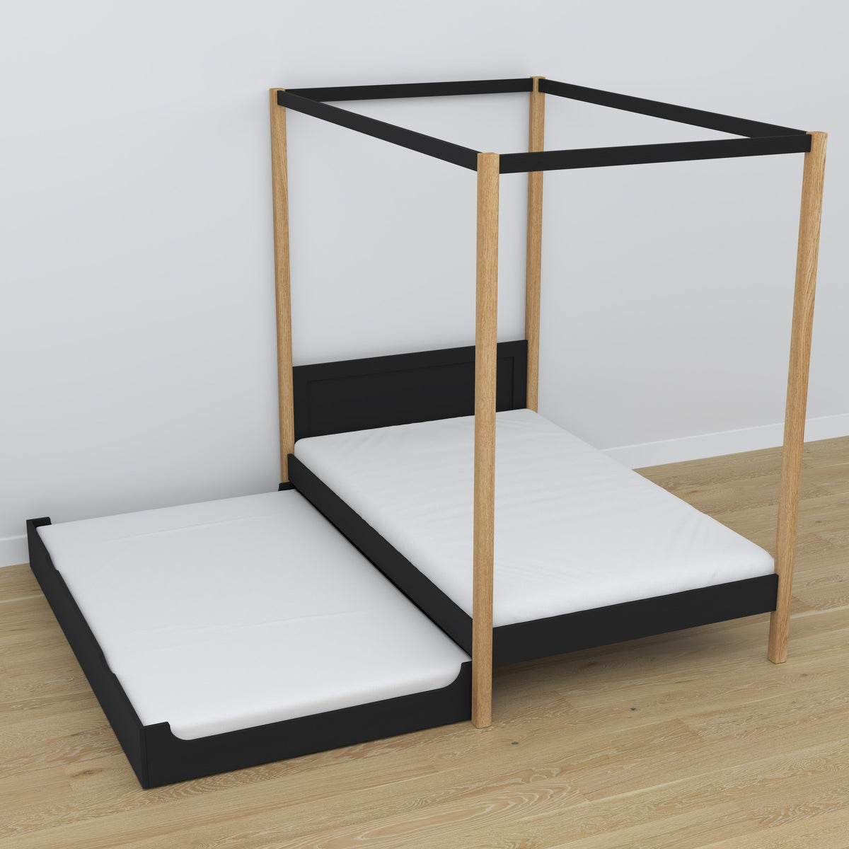 Wooden black-oak canopy bed – extended drawer, guest sleeping space
