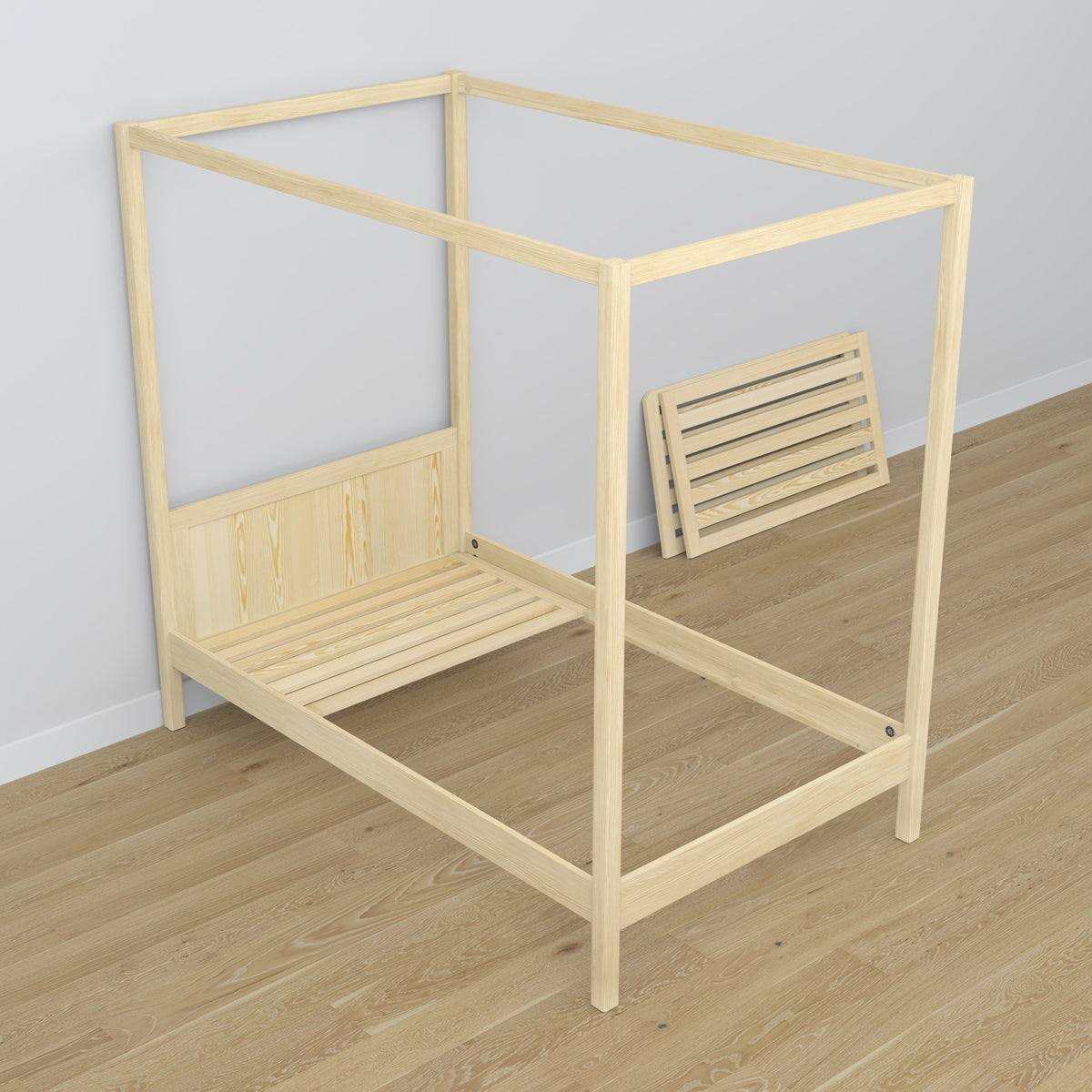 Wooden clear pine canopy bed – scandi child’s room arrangement