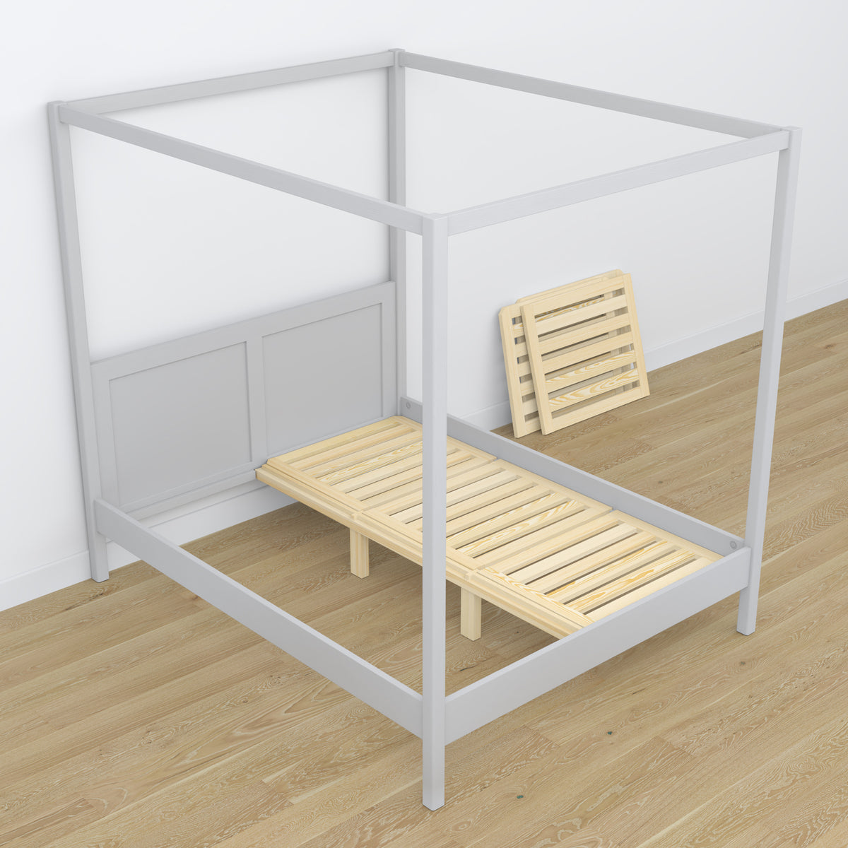 Canopy bed grey made of wood – side view, scandi style