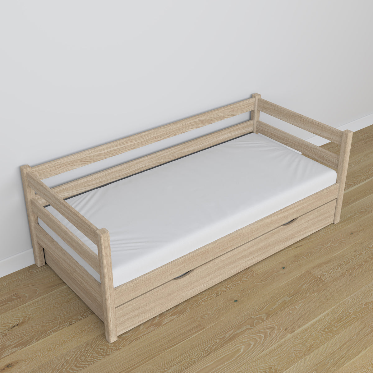 Balinto ąžuolo sofa-lova su stalčiumi - Scandi vaikų kambario išdėstymas