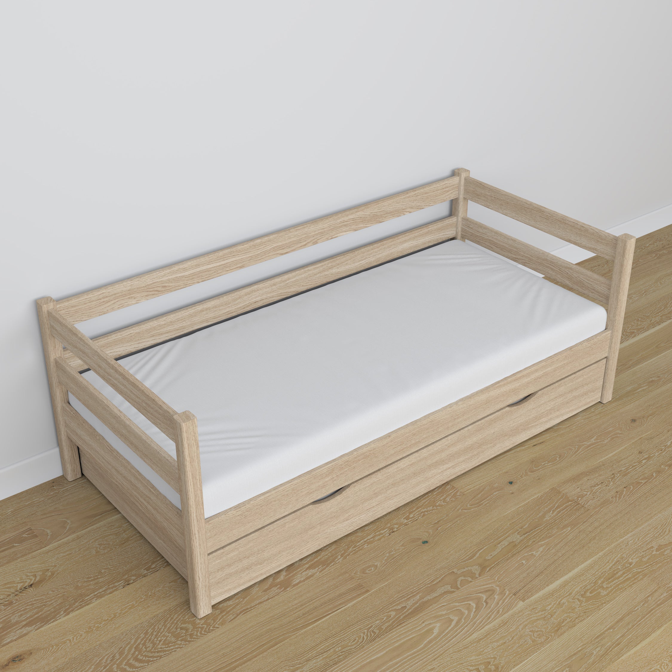 Balinto ąžuolo sofa-lova su stalčiumi - Scandi vaikų kambario išdėstymas
