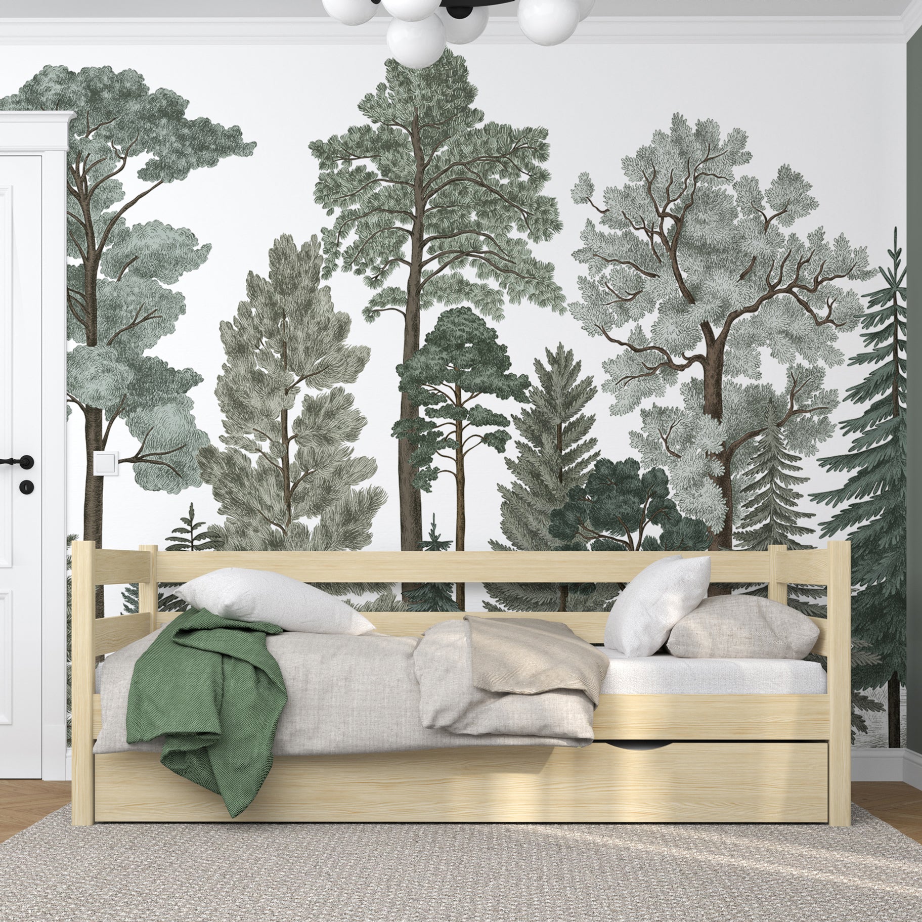 Bespalvė pušinė sofa-lova - medinė šoninė užtvara, vaizdas iš šono, Nizio