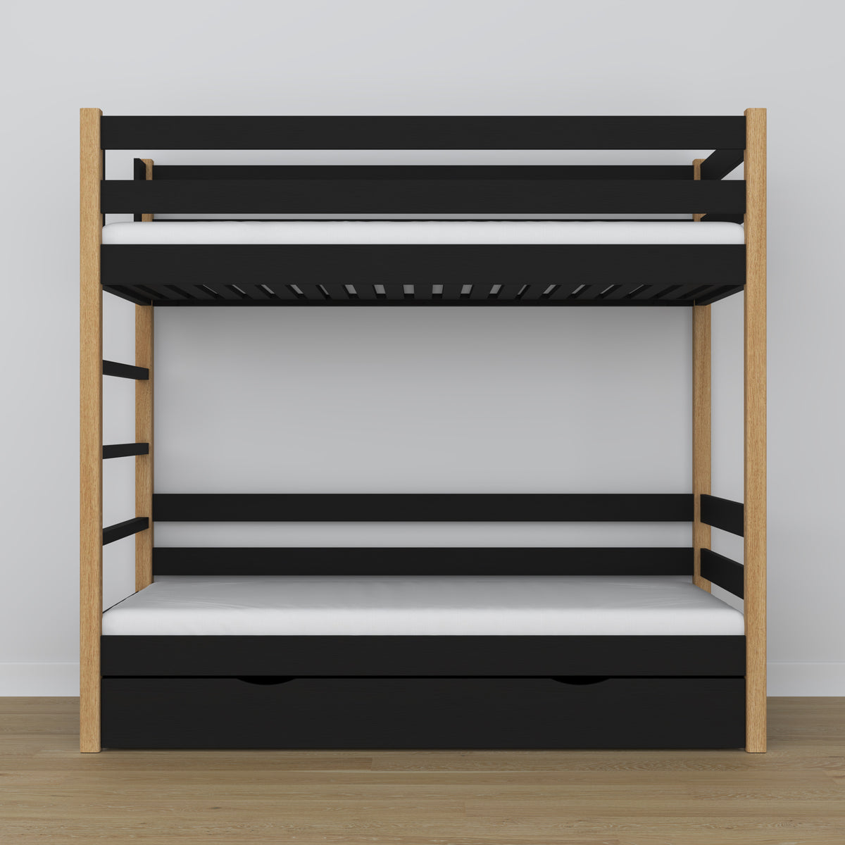 Black and oak bunk bed - wooden frame with slats, side view